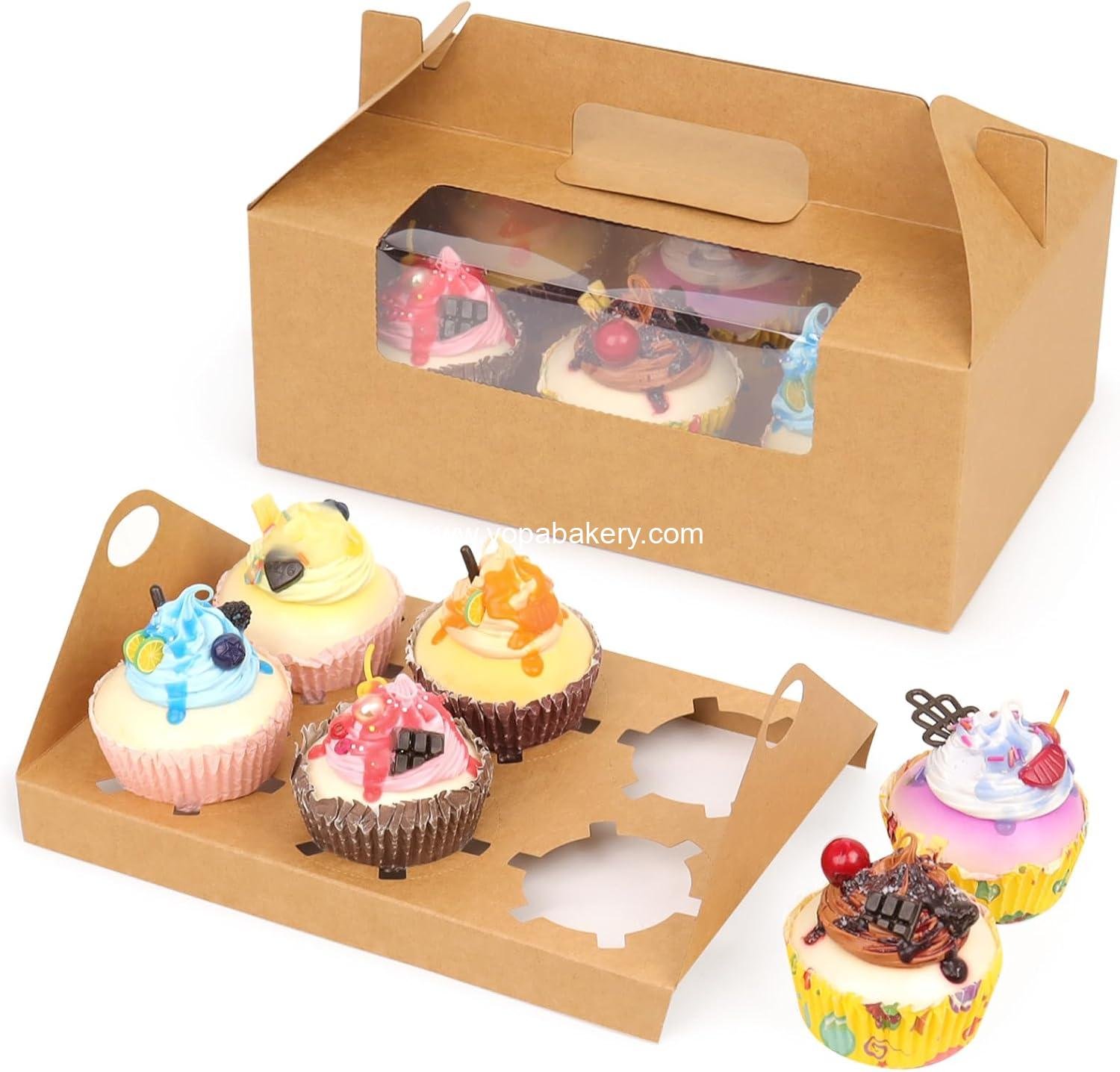 FORBFAN 50 Pcs Cupcake Boxes 6 Count with Handle, Kraft Portable Muffin Boxes, Gable Party Favor Treat Boxes for Wedding Birthday Party