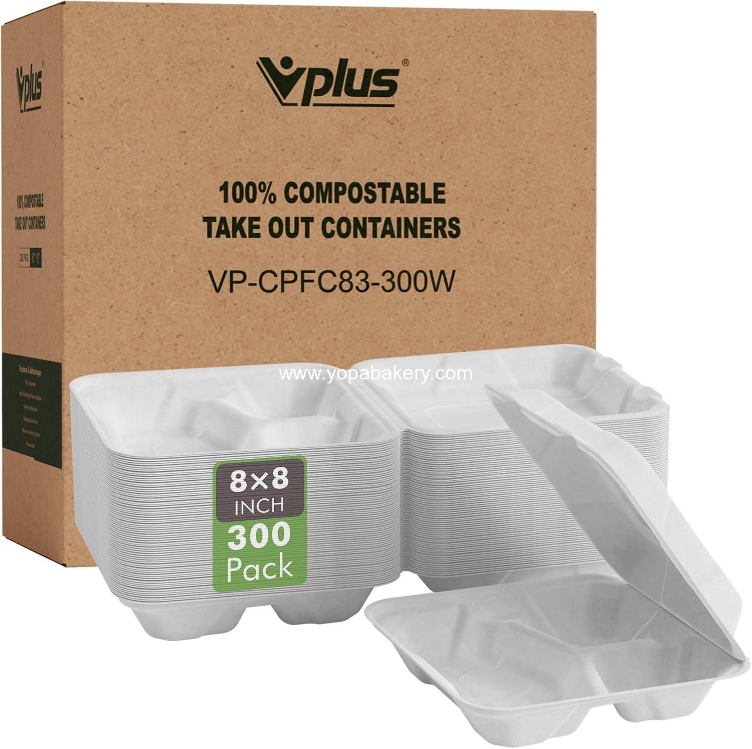 Wholesale 300 PACK 100% Compostable Clamshell Take Out Food Containers, 8" x 8" Eco-Friendly Disposable, 3 Compartment Heavy-Duty Bagasse To-Go Containers for Next Day Lunch and Potluck Party Factory