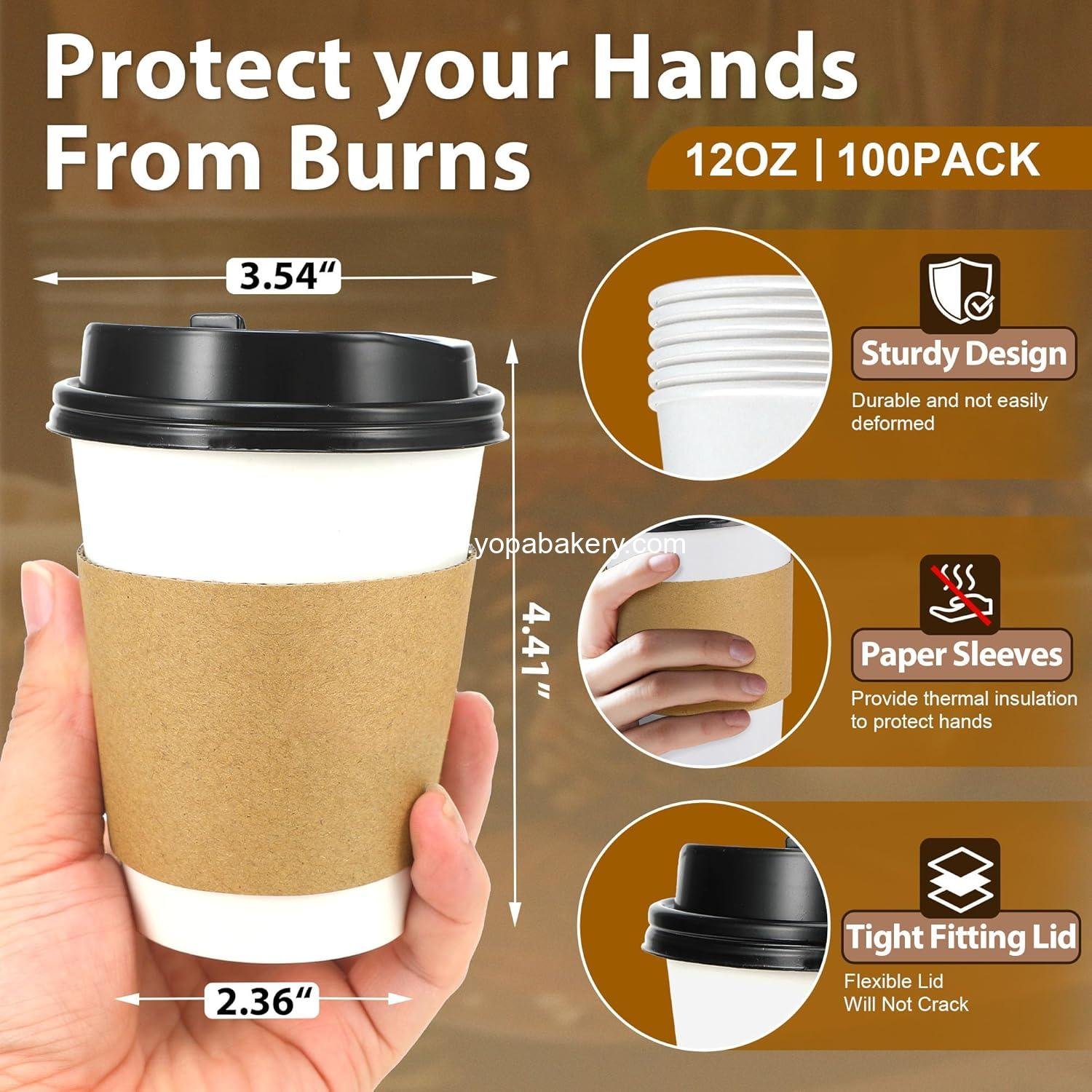 Wholesale 100 Pack 12 oz Disposable Coffee Cups with Lids and Insulated Sleeves, Leak-free Thick Paper Hot and Cold Beverage Cups (White) Factory