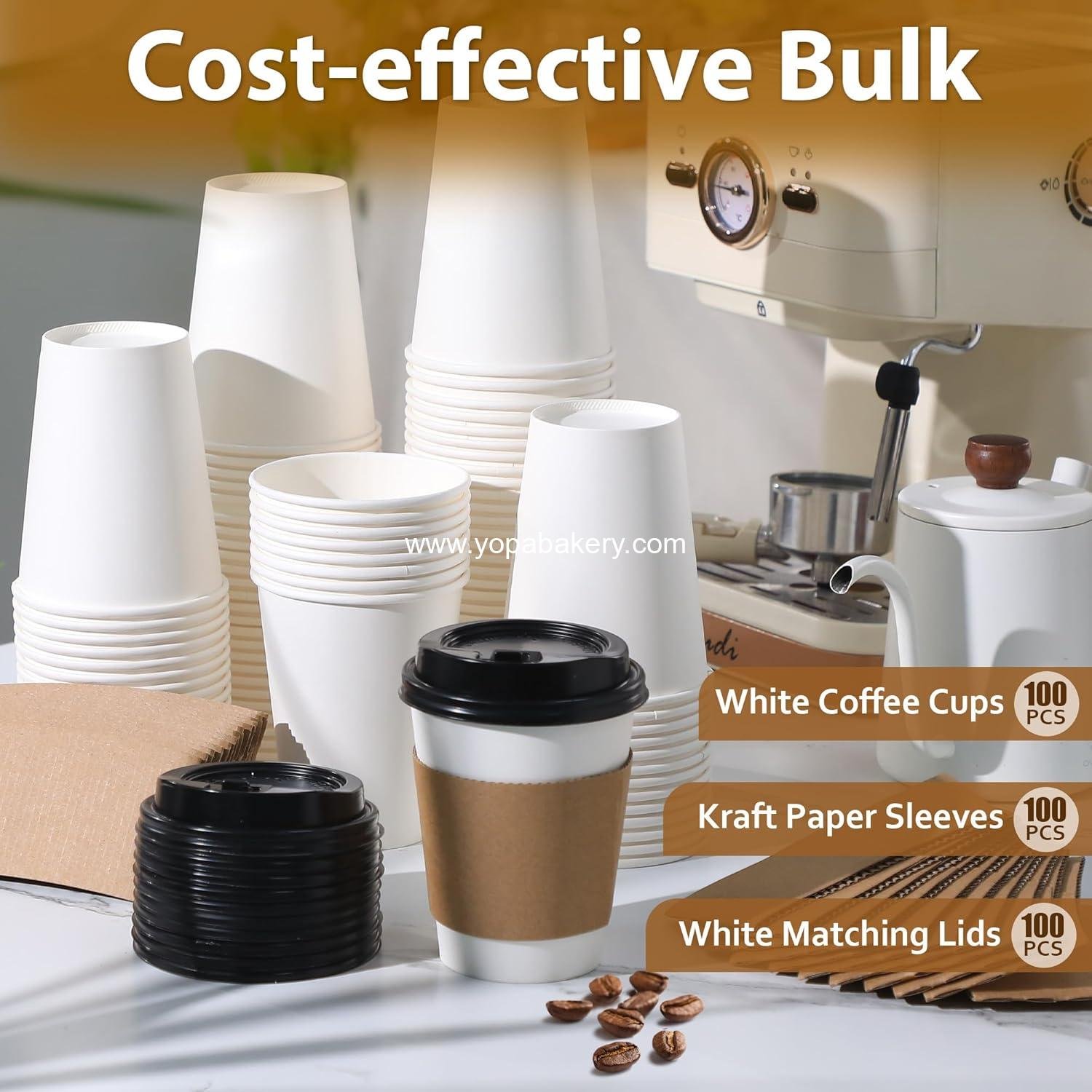 Wholesale 100 Pack 12 oz Disposable Coffee Cups with Lids and Insulated Sleeves, Leak-free Thick Paper Hot and Cold Beverage Cups (White) Factory