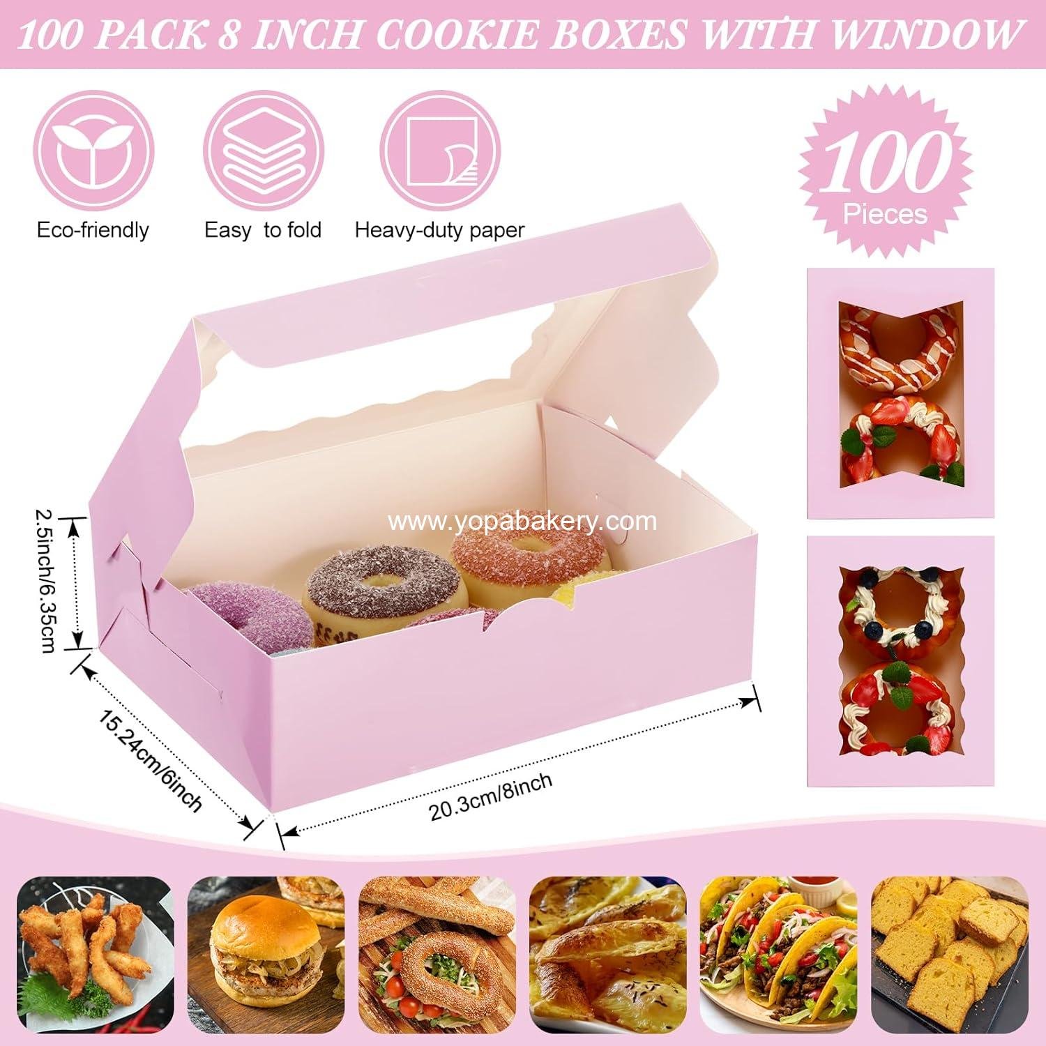 Wholesale 100 Pcs 8 Inch Bakery Boxes | 8 x 6 x 2.5 Cookie Pastry Boxes with Dual Window Design for Cookies, Treats, Chocolates, Strawberries, Cupcakes, Candy, Muffins (Pink) - Factory