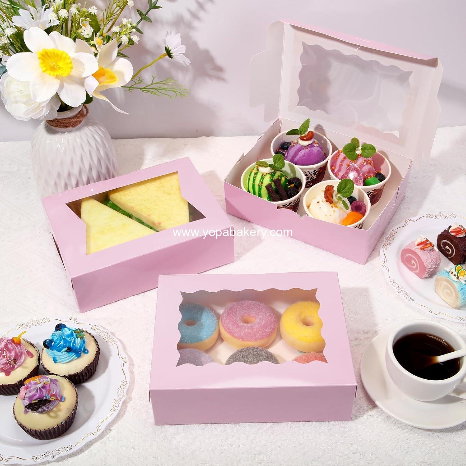 Wholesale 100 Pcs 8 Inch Bakery Boxes | 8 x 6 x 2.5 Cookie Pastry Boxes with Dual Window Design for Cookies, Treats, Chocolates, Strawberries, Cupcakes, Candy, Muffins (Pink) - Factory