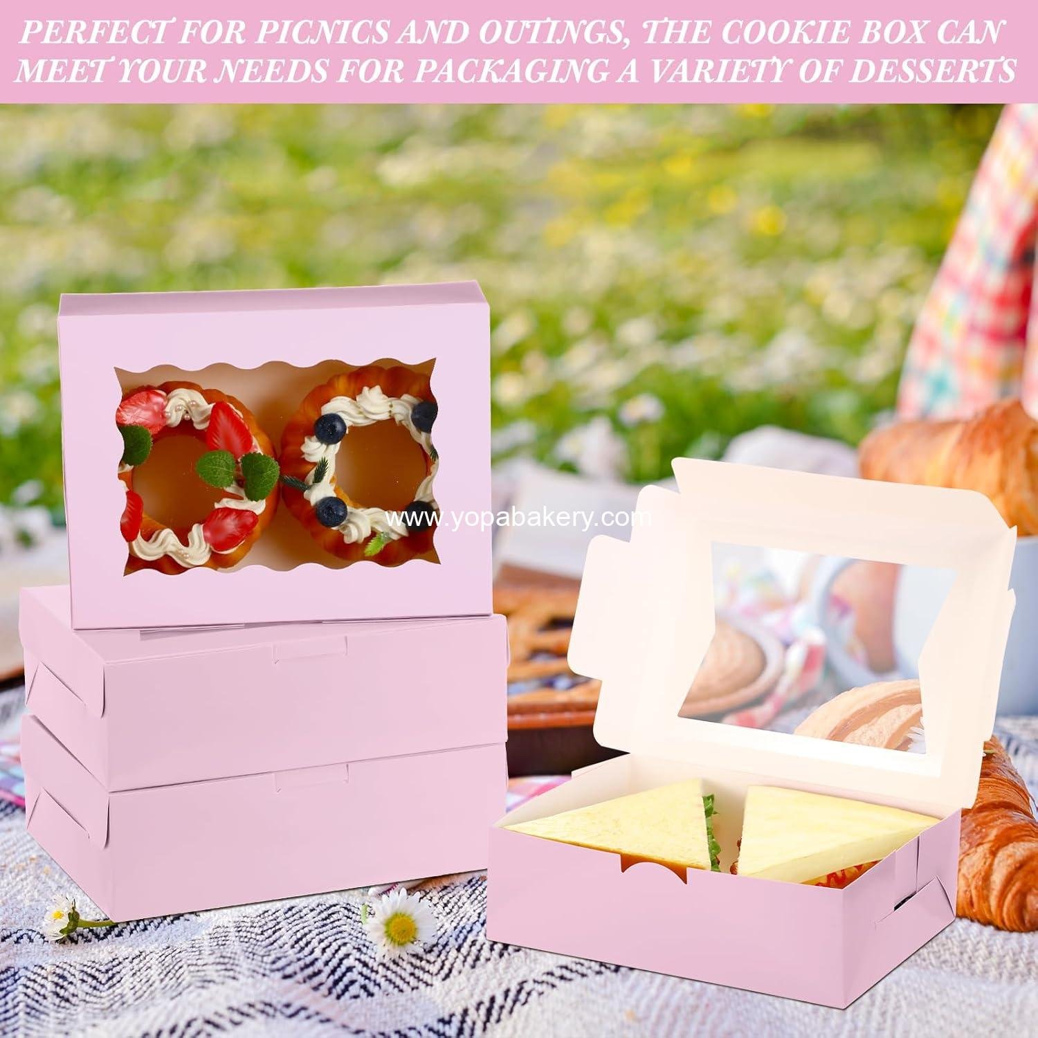 Wholesale 100 Pcs 8 Inch Bakery Boxes | 8 x 6 x 2.5 Cookie Pastry Boxes with Dual Window Design for Cookies, Treats, Chocolates, Strawberries, Cupcakes, Candy, Muffins (Pink) - Factory