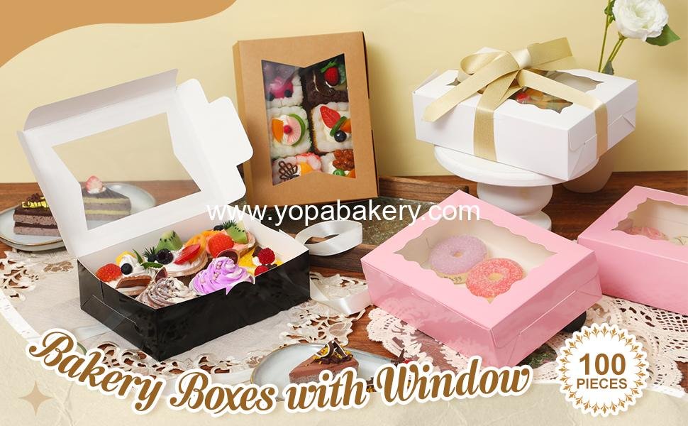 Wholesale 100 Pcs 8 Inch Bakery Boxes | 8 x 6 x 2.5 Cookie Pastry Boxes with Dual Window Design for Cookies, Treats, Chocolates, Strawberries, Cupcakes, Candy, Muffins (Pink) - Factory