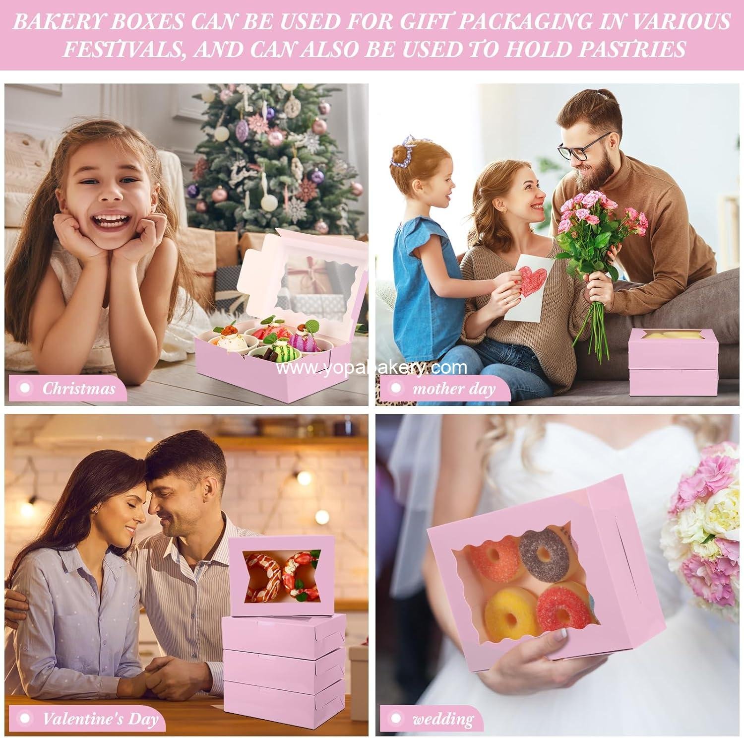 Wholesale 100 Pcs 8 Inch Bakery Boxes | 8 x 6 x 2.5 Cookie Pastry Boxes with Dual Window Design for Cookies, Treats, Chocolates, Strawberries, Cupcakes, Candy, Muffins (Pink) - Factory