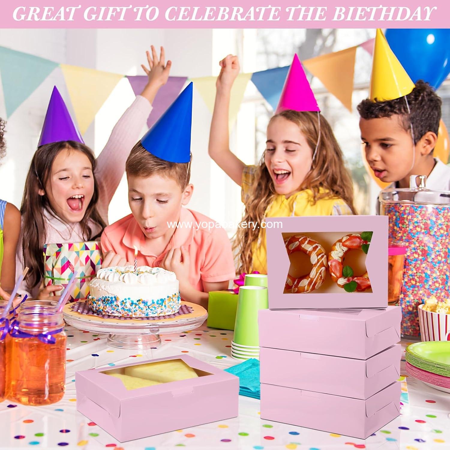 Wholesale 100 Pcs 8 Inch Bakery Boxes | 8 x 6 x 2.5 Cookie Pastry Boxes with Dual Window Design for Cookies, Treats, Chocolates, Strawberries, Cupcakes, Candy, Muffins (Pink) - Factory