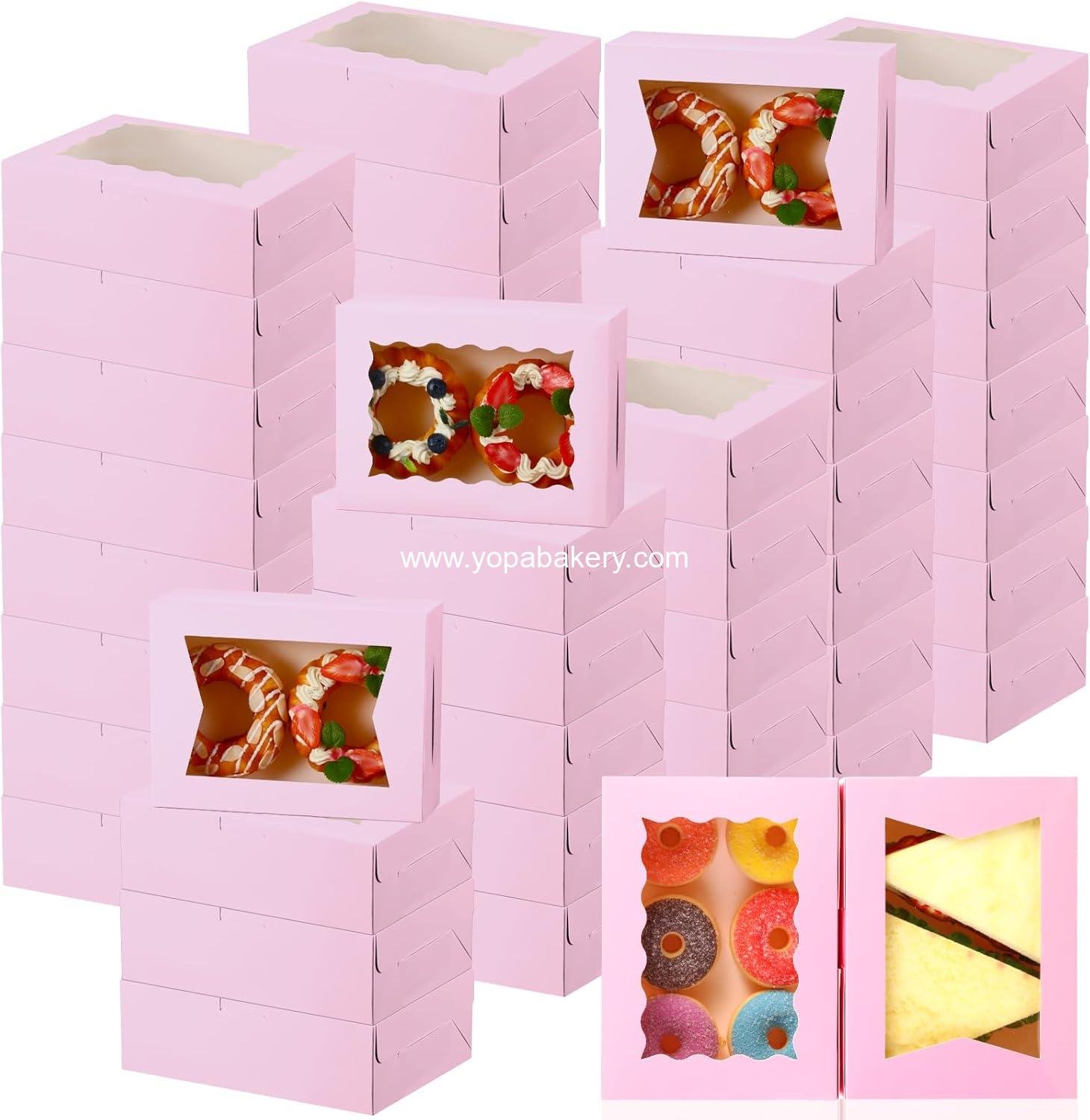 Wholesale 100 Pcs 8 Inch Bakery Boxes | 8 x 6 x 2.5 Cookie Pastry Boxes with Dual Window Design for Cookies, Treats, Chocolates, Strawberries, Cupcakes, Candy, Muffins (Pink) - Factory