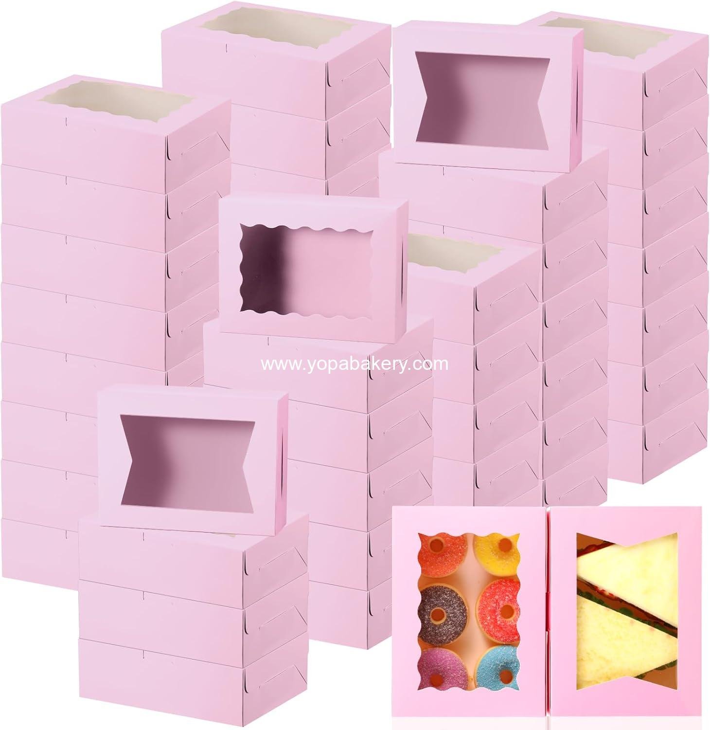 TaoBary 100 Pcs 8 Inch Bakery Boxes 8 x 6 x 2.5 Inch Cookie Pastry Boxes with 2 Style Window for Cookie Treat Chocolate Strawberries Cupcakes Candy Muffins(Pink)