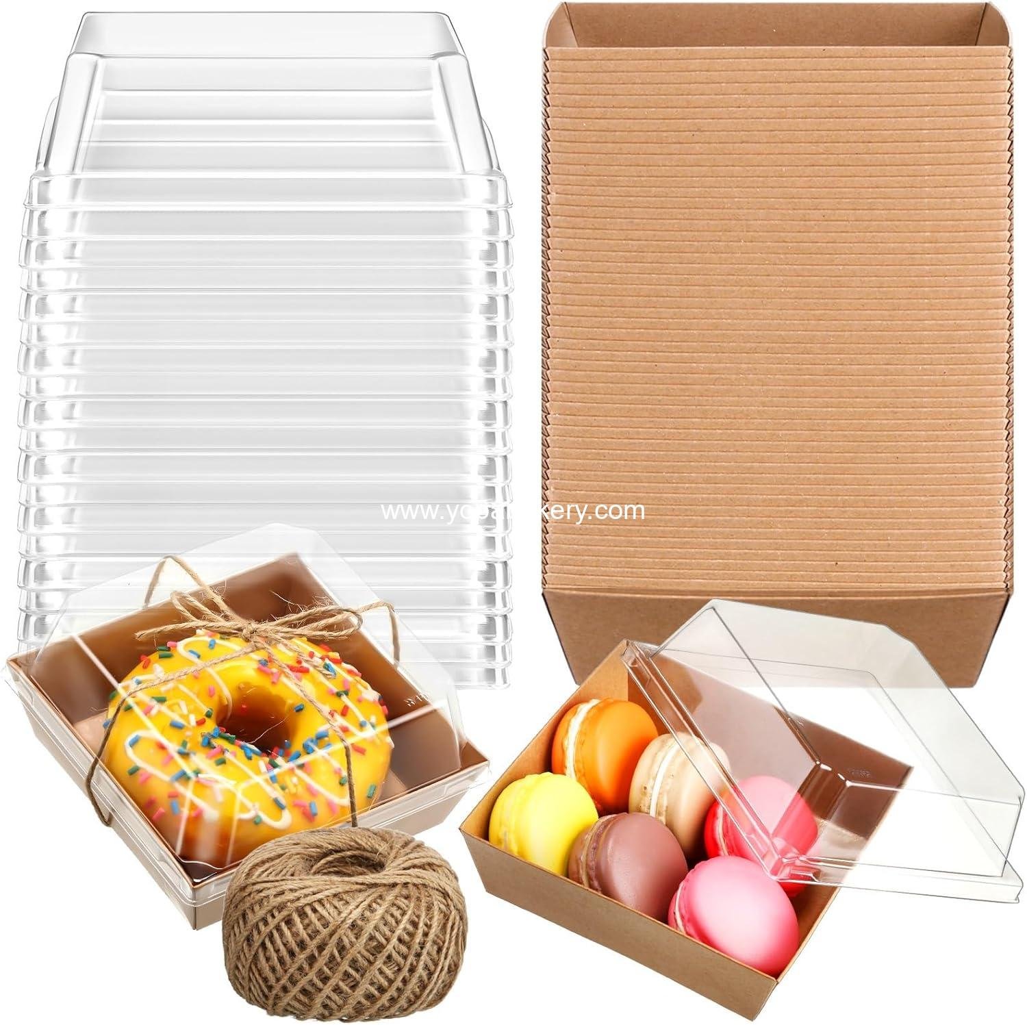 Jetec 150 Pack Charcuterie Boxes with Clear Lids and Rope 4 Inches Cake Disposable Square Dessert Food Box Containers with Lids for Bakery Macaron Cookies Strawberries Fruits Display (Kraft)