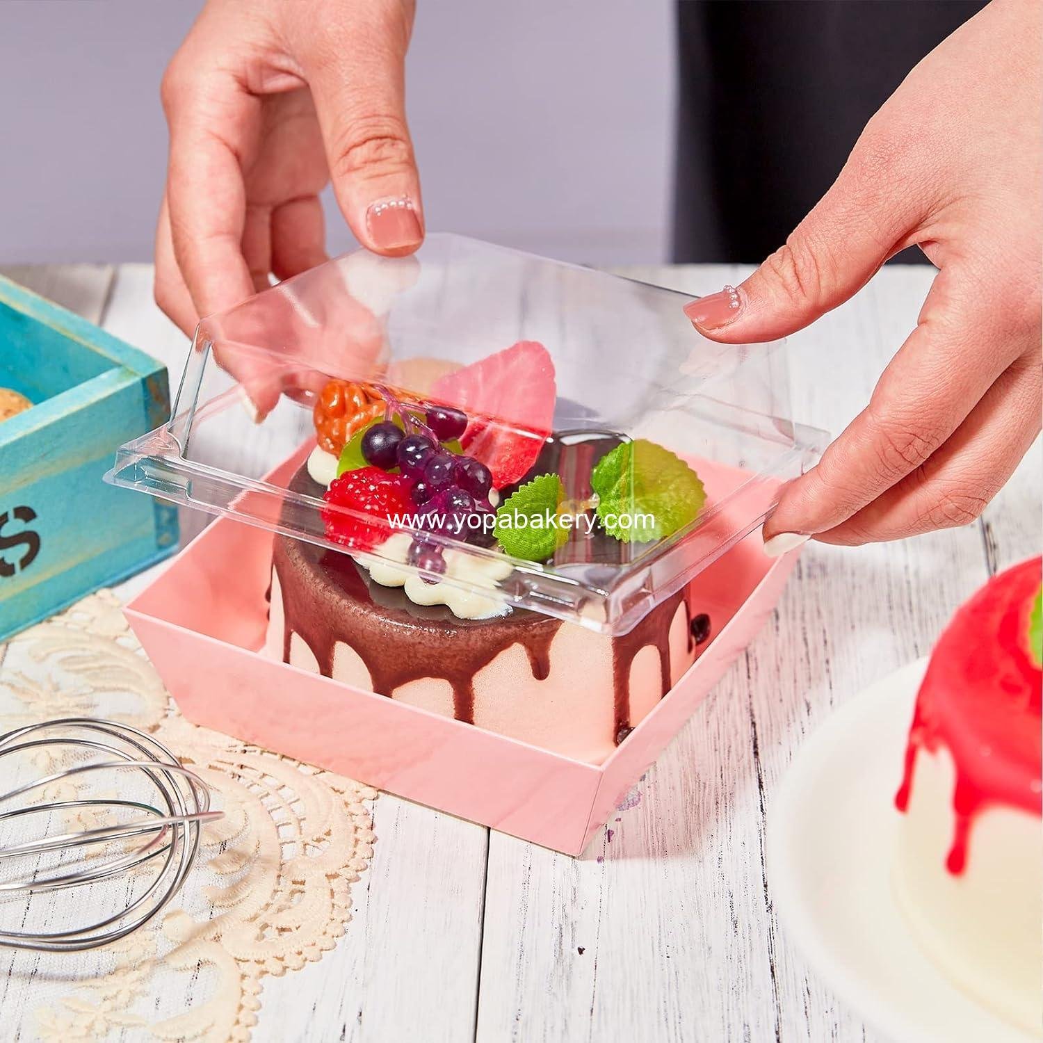 Wholesale 50 Pack Small Charcuterie Boxes with Clear Lids, 4-Inch Paper Bakery Boxes for Cookies, Cake Slices, Mini Cakes, Chocolate Strawberries (Pink) - Factory