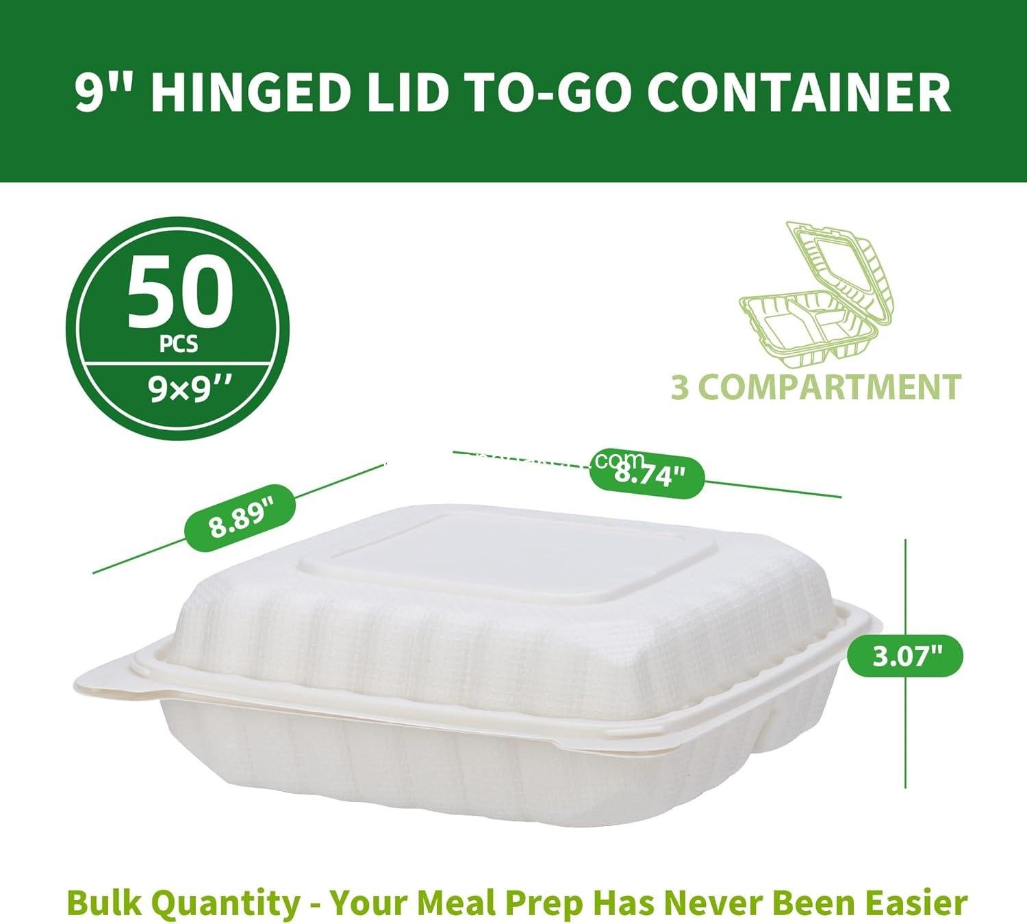 Wholesale 50 Pack 9x9 Inch Clamshell Take Out Food Containers, 3-Compartment Disposable Plastic Meal Prep Lunch Boxes with Lids for Snacks, Salad, and Sandwiches - Factory