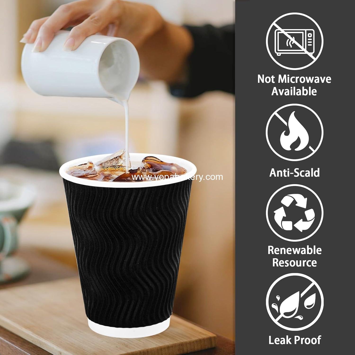Wholesale Disposable Coffee Cups 12 oz - 100 Pack, Insulated Ripple Wall Paper Cups for Hot or Cold Beverages (Black) - Manufacturer