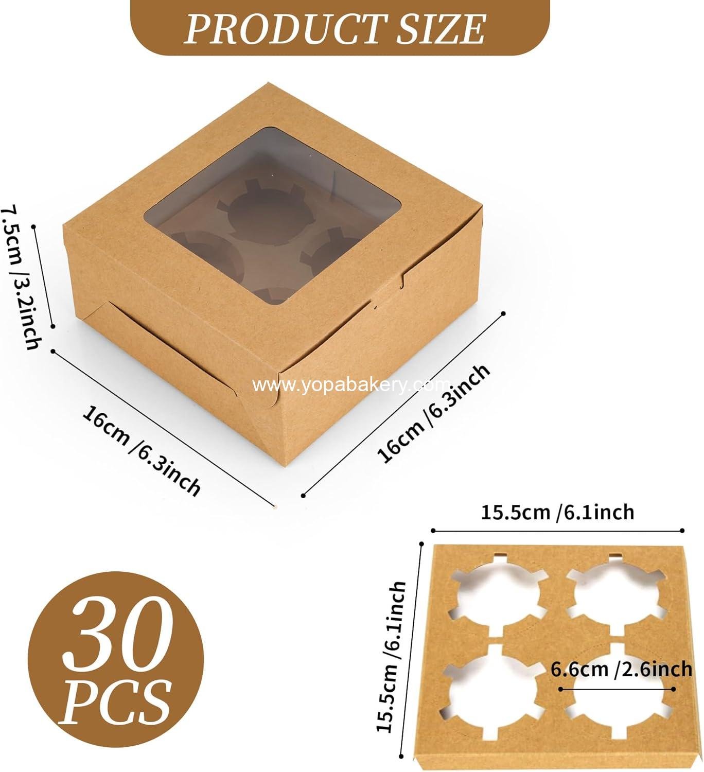 Wholesale 30 Pcs Cupcake Boxes with Window and Insert, Kraft Containers for Dessert and Pastry (6.3 x 6.3 x 3 Inch) - Factory
