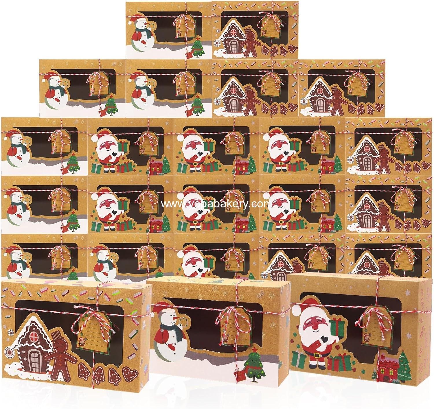 24 Pack Christmas Cookie Boxes with Window, Large Holiday Food Bakery Treat Boxes for Gift Giving, Pastry, Candy, Party Favors, Christmas Kraft Gift Boxes with Ribbons and DIY Gift Tags