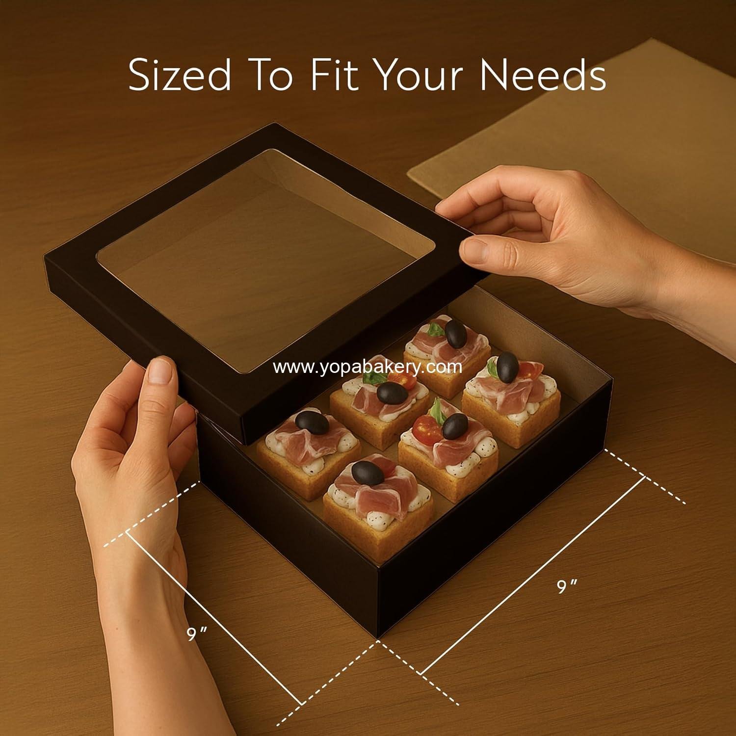 Wholesale 9 x 9 x 2.4 Inch Greaseproof Baked Goods Boxes - 10 Black Paper Pastry Boxes with Window Lids and Insert Tab Lock - Easy Assembly for Charcuterie or Cupcakes Factory