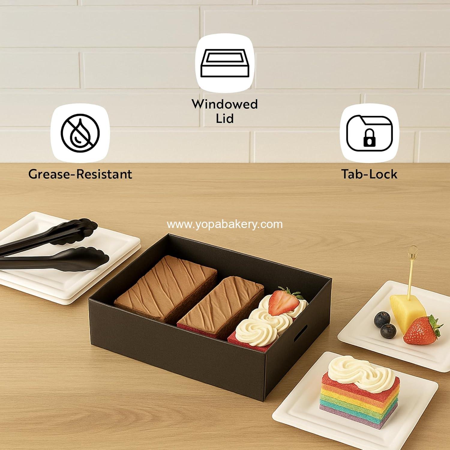 Wholesale 9 x 9 x 2.4 Inch Greaseproof Baked Goods Boxes - 10 Black Paper Pastry Boxes with Window Lids and Insert Tab Lock - Easy Assembly for Charcuterie or Cupcakes Factory