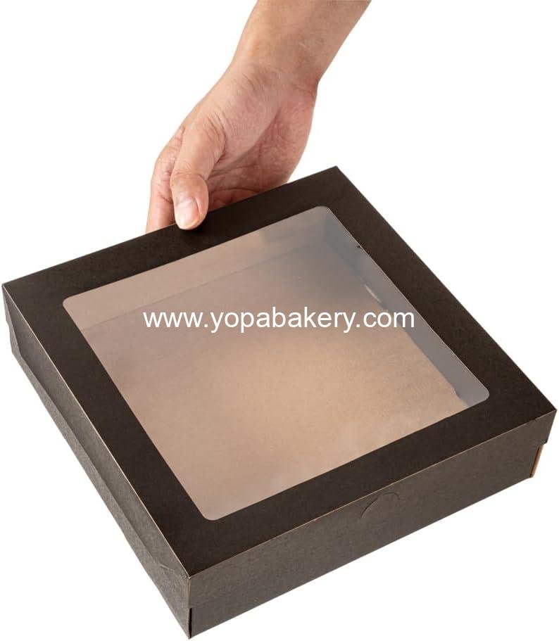 Wholesale 9 x 9 x 2.4 Inch Greaseproof Baked Goods Boxes - 10 Black Paper Pastry Boxes with Window Lids and Insert Tab Lock - Easy Assembly for Charcuterie or Cupcakes Factory
