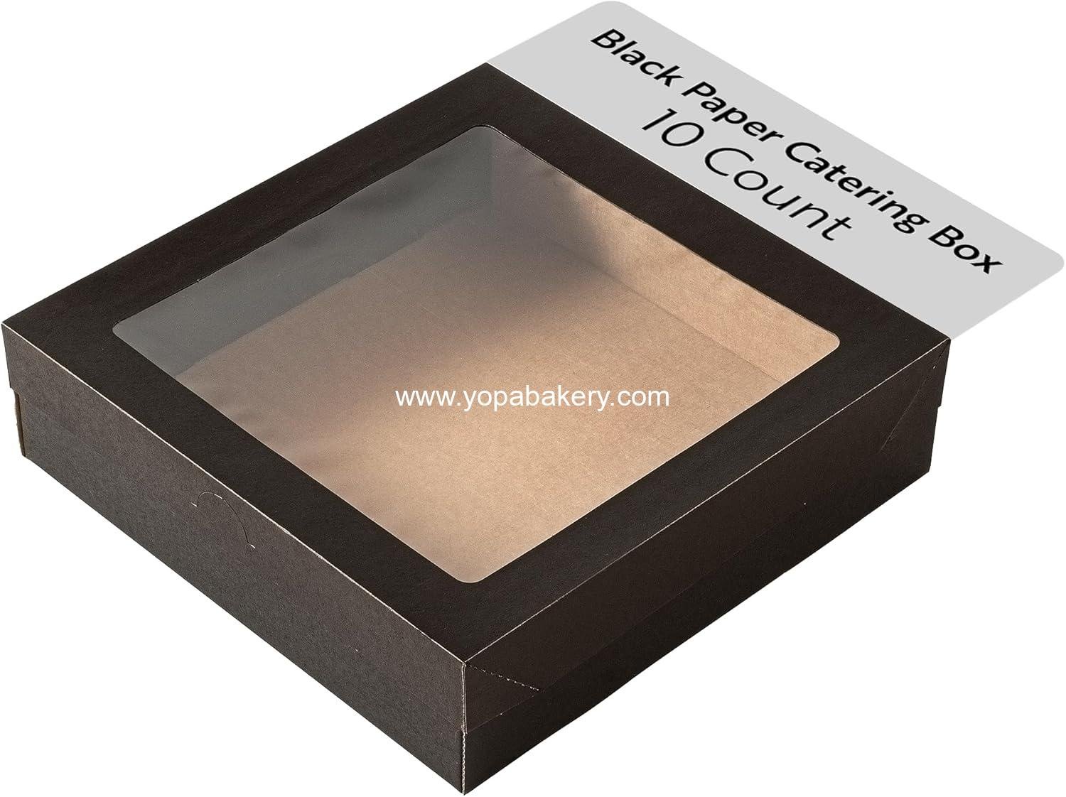Restaurantware Cater Tek 9 x 9 x 2.4 Inch Baked Goods Boxes 10 Greaseproof Pastry Boxes - Window Lids Insert Tab Lock Black Paper Catering Boxes Easy Assembly For Charcuterie Or Cupcakes