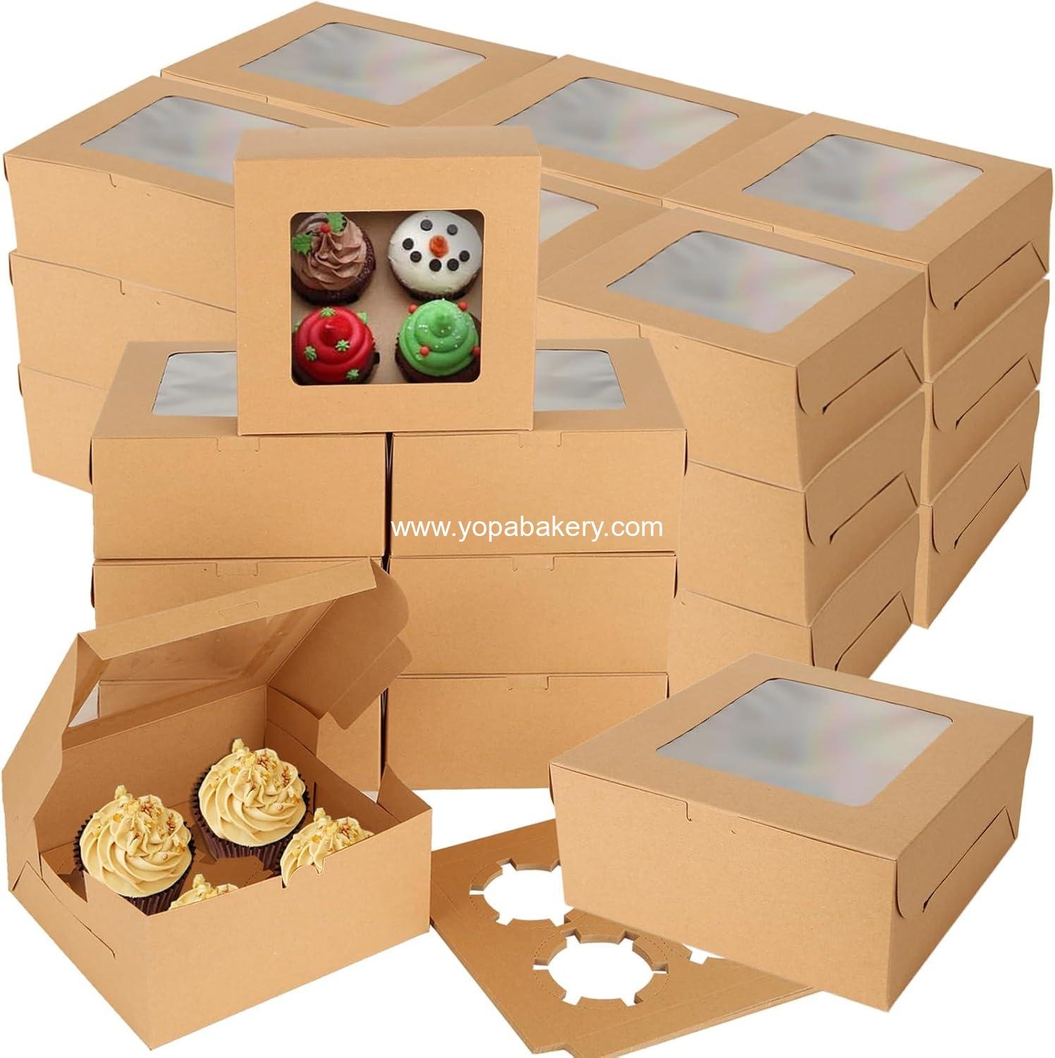 Wholesale 100 PCS Cupcake Boxes with Window 4 Count Cupcake Containers 6x6x3 Inch Brown Kraft Paper Treat Boxes with Insert for Muffins Cookies Macarons Donuts Factory