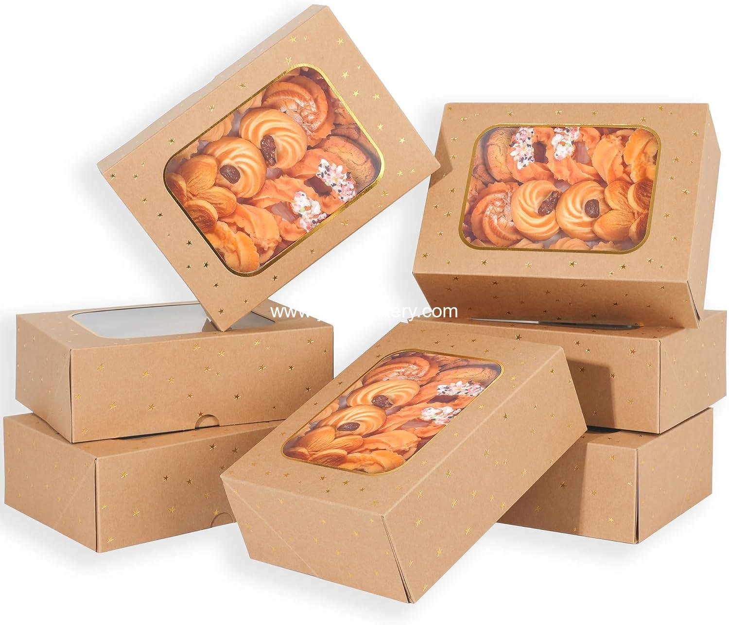 Wholesale 12pcs Gold Star Cookie Boxes - Brown Bakery Boxes with Window 8.25x6x2.75in Gold Foil Star Treat Cake Boxes for Gift Giving Pastries, Desserts, Cupcakes, Candy, and Donut Packaging (KRAFT PAPER, 12) - Factory