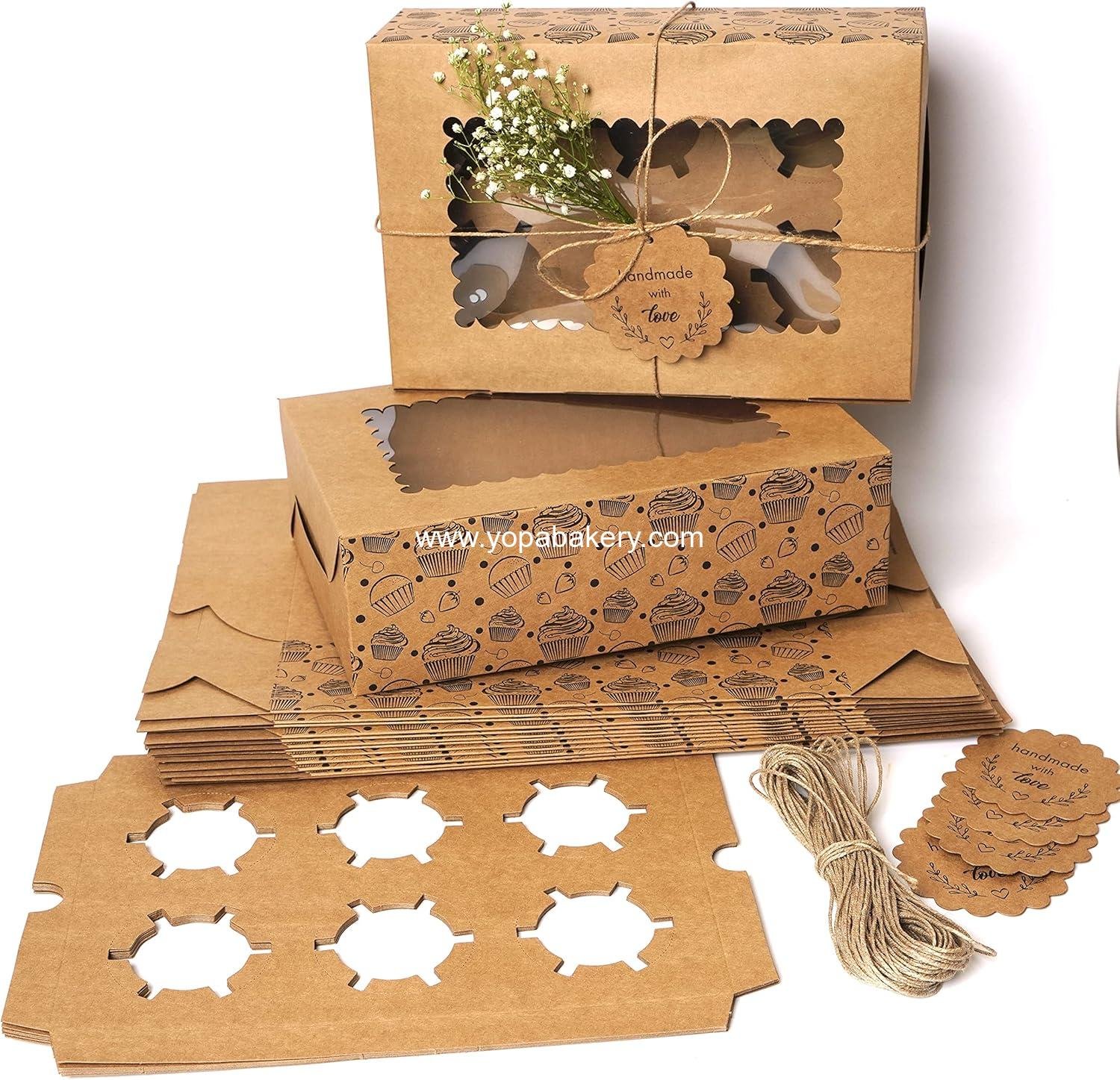 Wholesale 20-Pack Brown Cupcake Boxes with Insert Trays, Tags, and Twine | Food Grade Kraft Bakery Boxes with Window for 6 Cupcakes | Factory