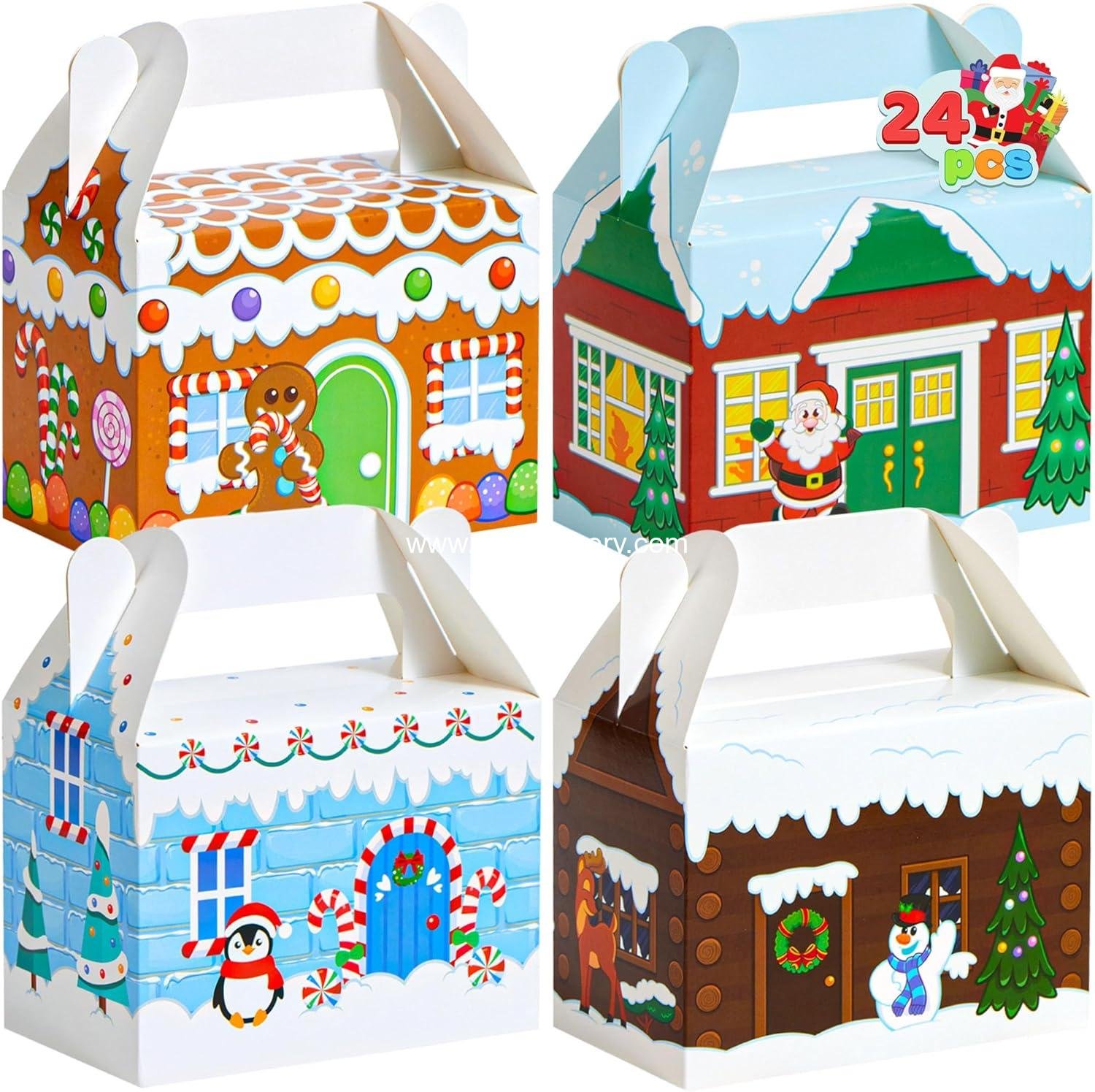 Wholesale 24 PCS 3D Christmas House Cardboard Treat Boxes for Holiday Goody Gifts, Goodie Paper Boxes, Classroom Party Favors, 4 Designs Candy Treat Cookie Boxes Factory