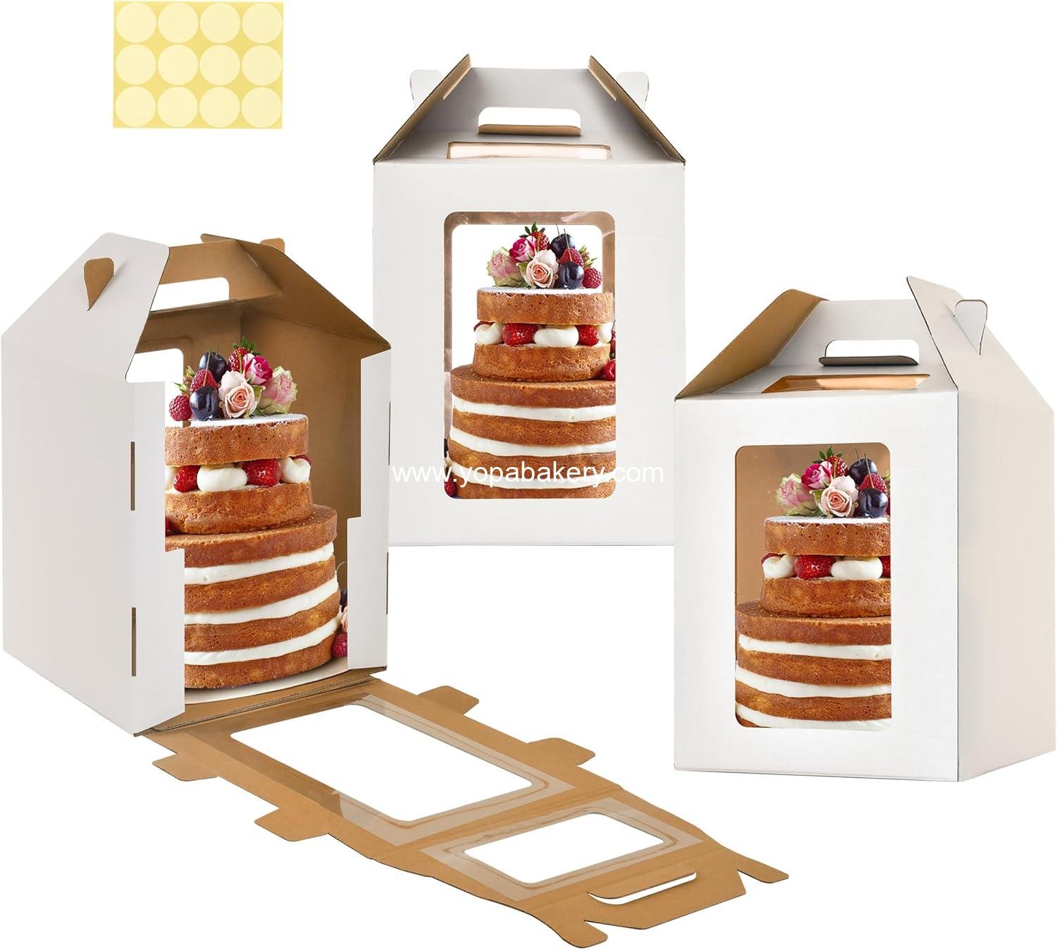 Wholesale 3-Pack Tall Cake Boxes for Tiered Cakes with 4 Windows, 10x10x12 Inch Cake Transport Container, Bakery Take-Out Carrier with Handle for Weddings, Birthdays, Parties, Factory