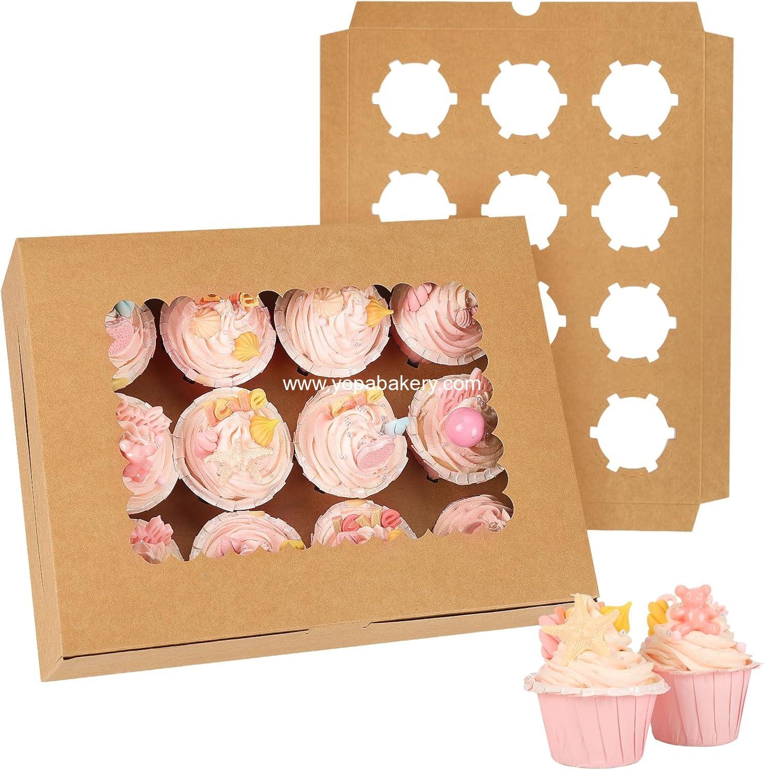 Wholesale 34 Sets Cupcake Boxes, Hold 12 Count Cupcake Containers with Window and Inserts, 13 x 10 x 3.5 Inches Kraft Bakery Carrier for Birthday and Holiday Parties, Factory
