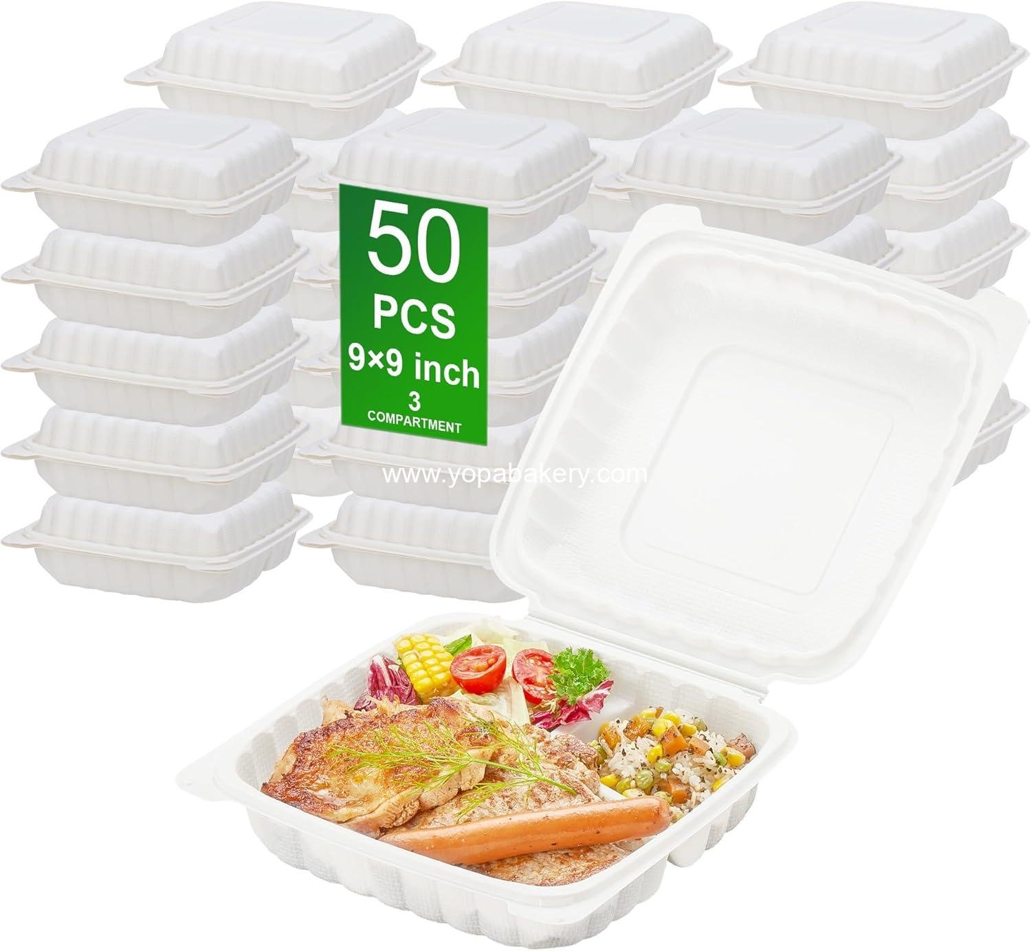 Wholesale 50 Pack 9x9 Inch Clamshell Take Out Food Containers, 3-Compartment Disposable Plastic Meal Prep Lunch Boxes with Lids for Snacks, Salad, and Sandwiches - Factory