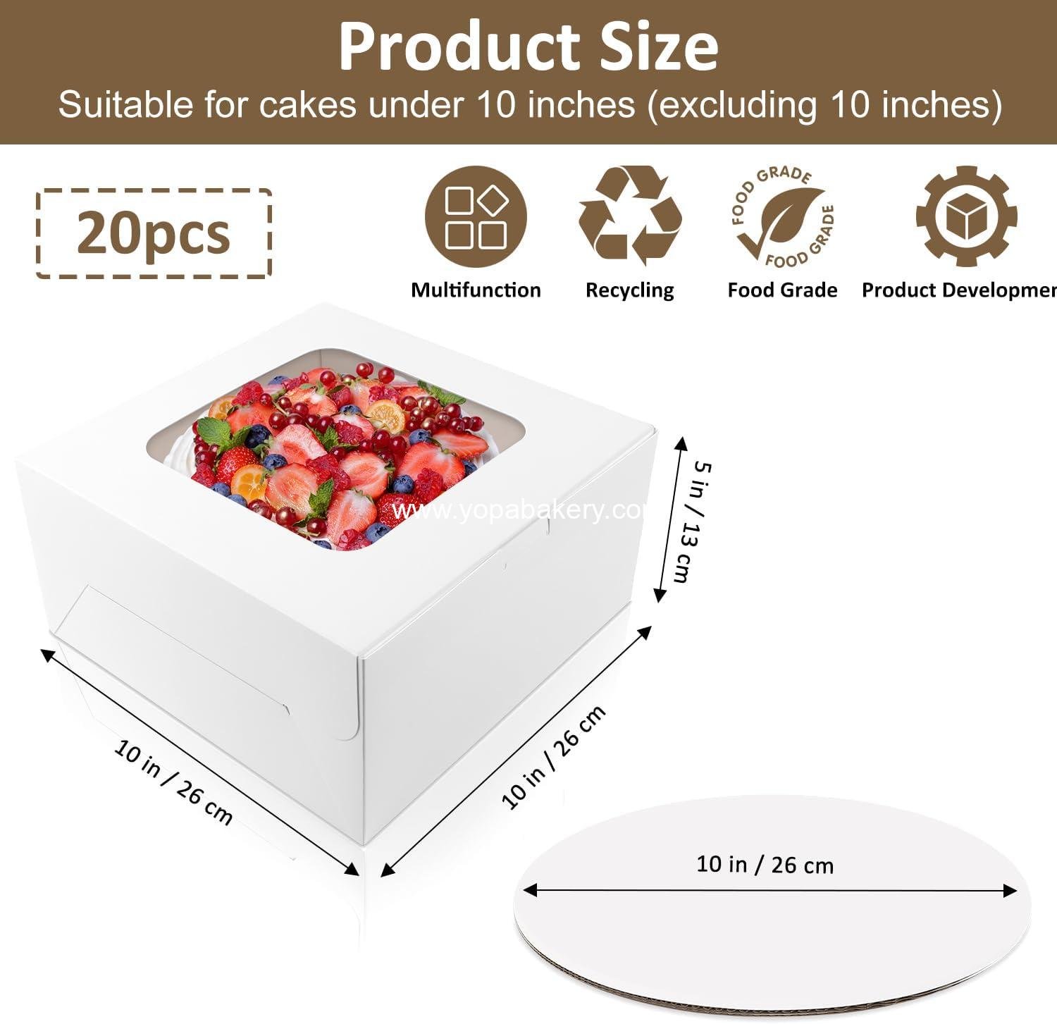 Wholesale 20 Set Cake Boxes 10x10x5 Inches Tall White Square Bakery Boxes with Cake Boards for Cakes, Valentine's Day, Mother's Day, Birthday, Wedding, Party Factory