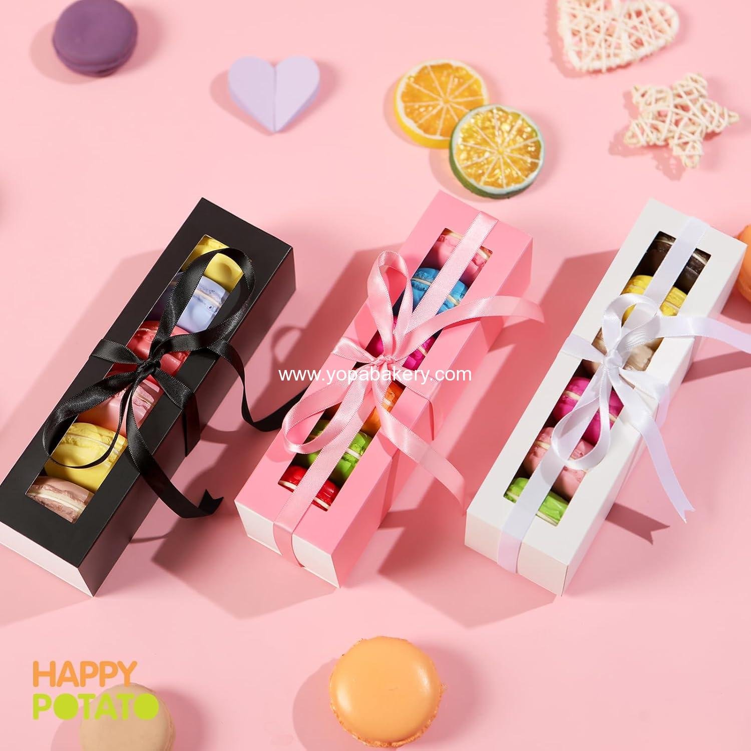 Wholesale 25 Pack Macaron Boxes for 6, 7.2×1.9×1.9 Inches, Black Packaging with Clear Window and Ribbon, Macaron Containers Factory