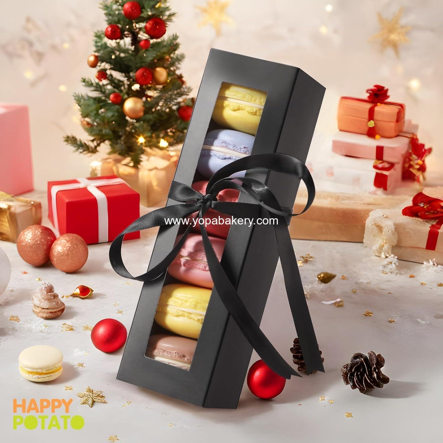 Wholesale 25 Pack Macaron Boxes for 6, 7.2×1.9×1.9 Inches, Black Packaging with Clear Window and Ribbon, Macaron Containers Factory