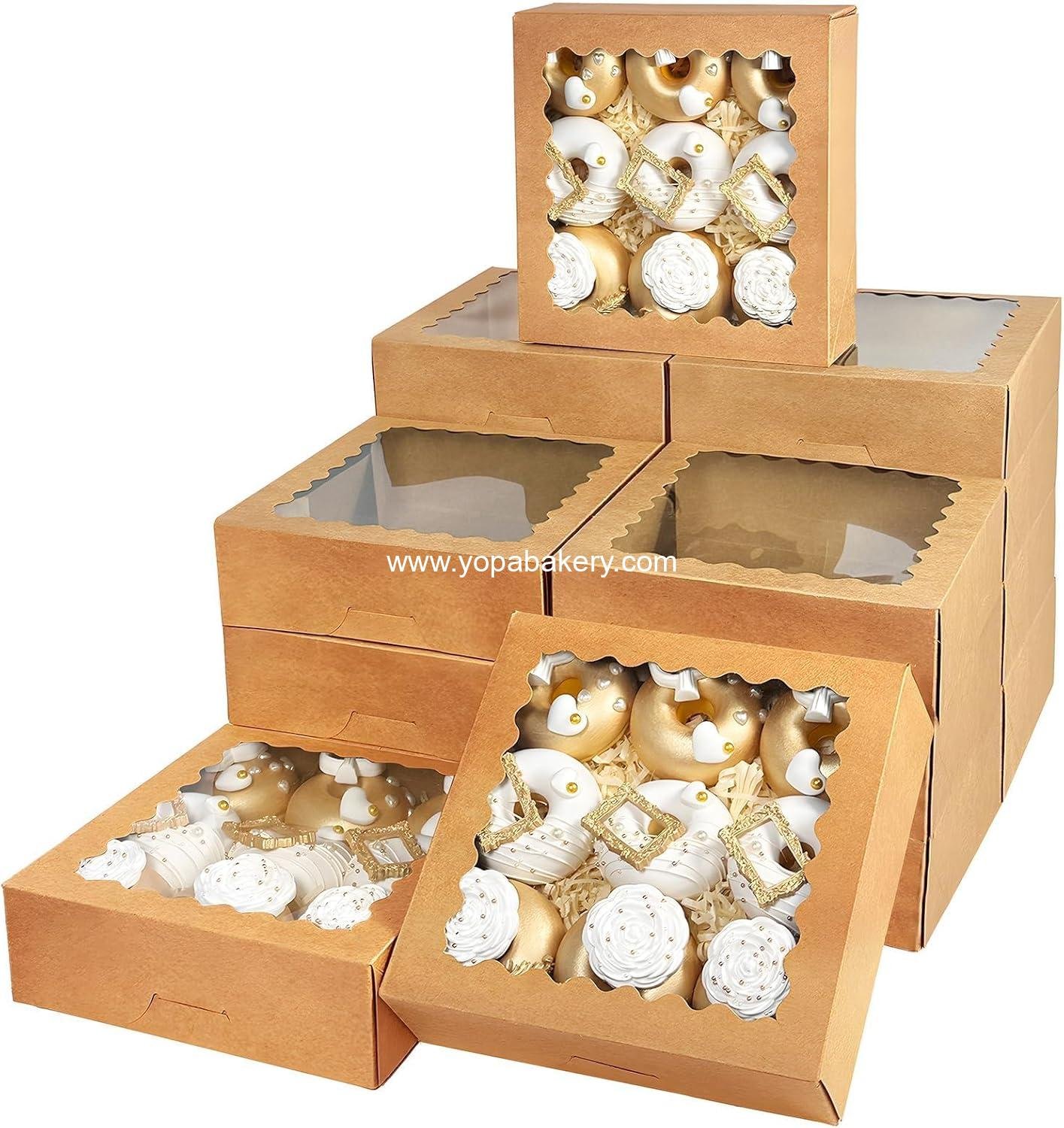 Bakepacker 55pcs Brown Pie Boxes 8x8x2.5 inches Easy Assemble Macaroon Bakery Boxes Cookie Boxes with Window for Bakery (Auto-pop Up)
