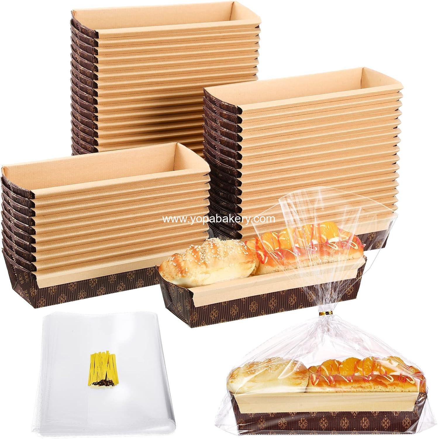 Wholesale 50 Pcs Disposable Paper Loaf Pans for Baking 9 x 3 x 2 In with Clear Bread Bags and Ties for Baked Goods Bakery Factory