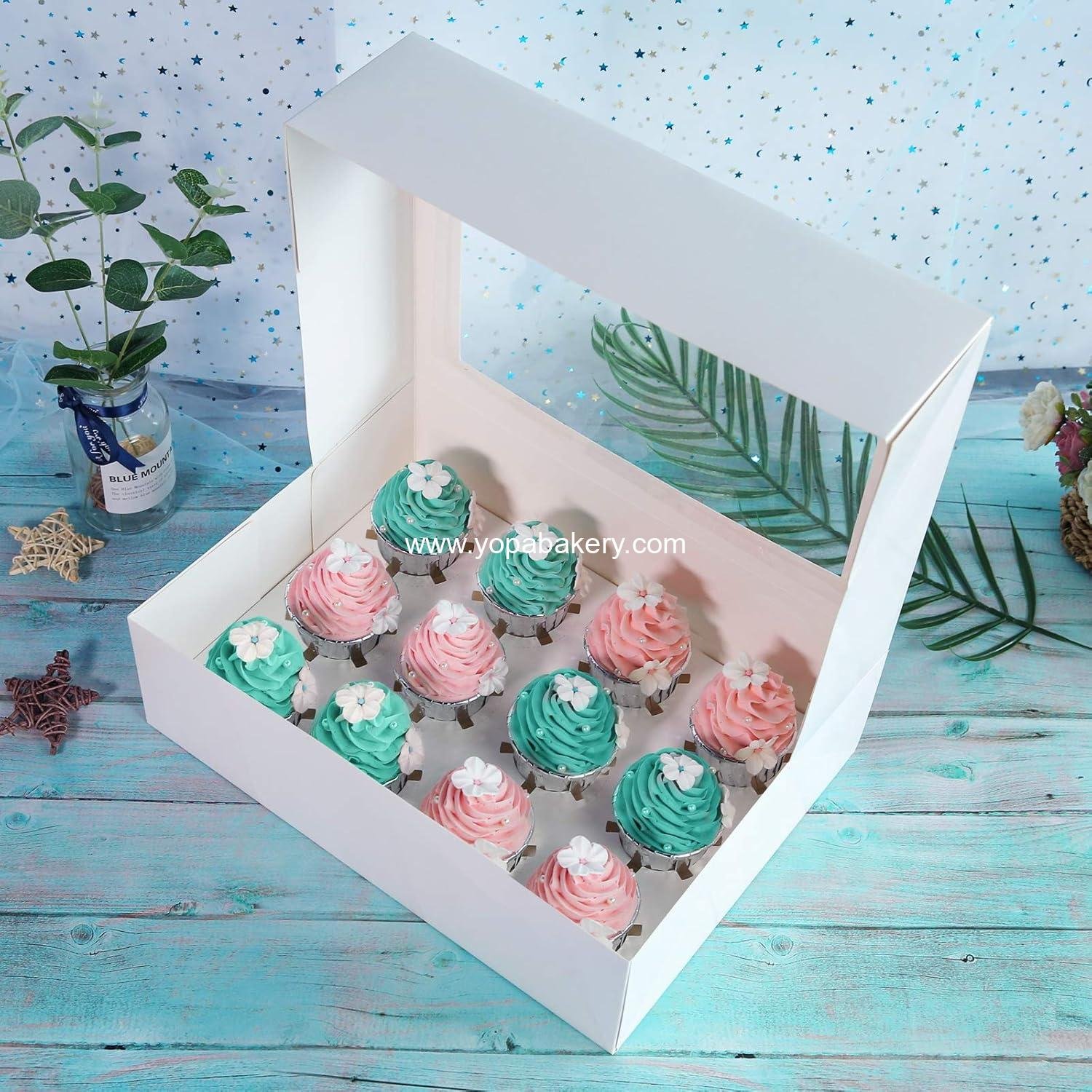 Wholesale 15-Pack White Cupcake Boxes with Inserts and PVC Windows, 12-Cavity Cake Carrier, Food Grade Pop-up Bakery Boxes, 13.8 x 9.5 x 4 inches, Pack of 15, Manufacturer