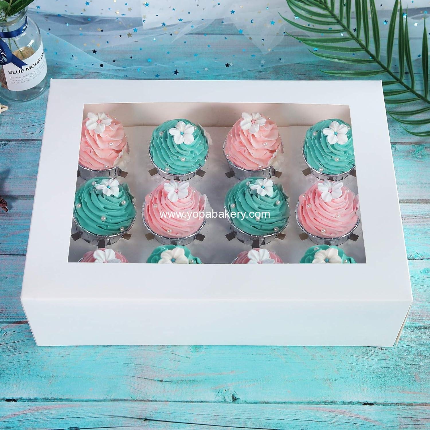 Wholesale 15-Pack White Cupcake Boxes with Inserts and PVC Windows, 12-Cavity Cake Carrier, Food Grade Pop-up Bakery Boxes, 13.8 x 9.5 x 4 inches, Pack of 15, Manufacturer