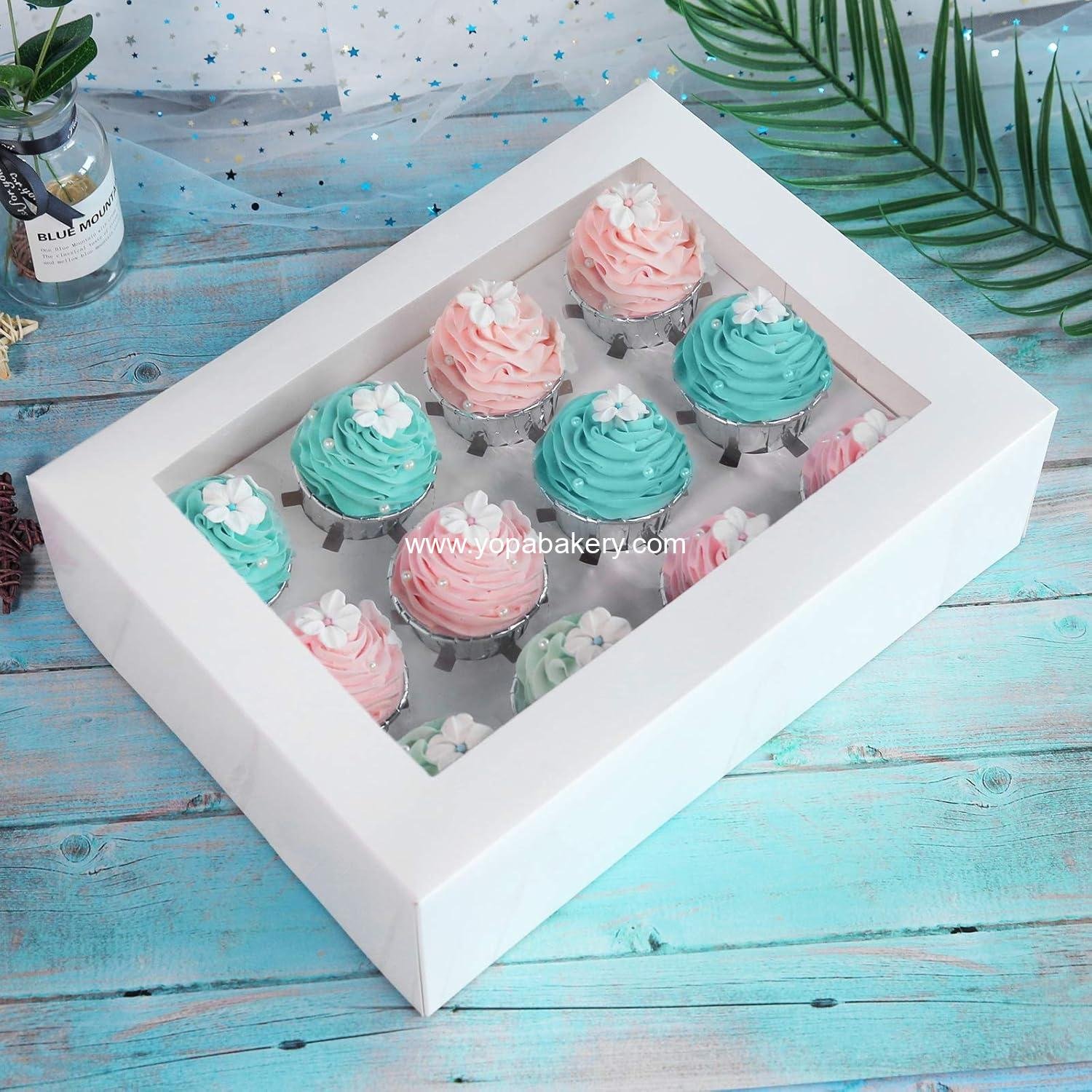 Wholesale 15-Pack White Cupcake Boxes with Inserts and PVC Windows, 12-Cavity Cake Carrier, Food Grade Pop-up Bakery Boxes, 13.8 x 9.5 x 4 inches, Pack of 15, Manufacturer