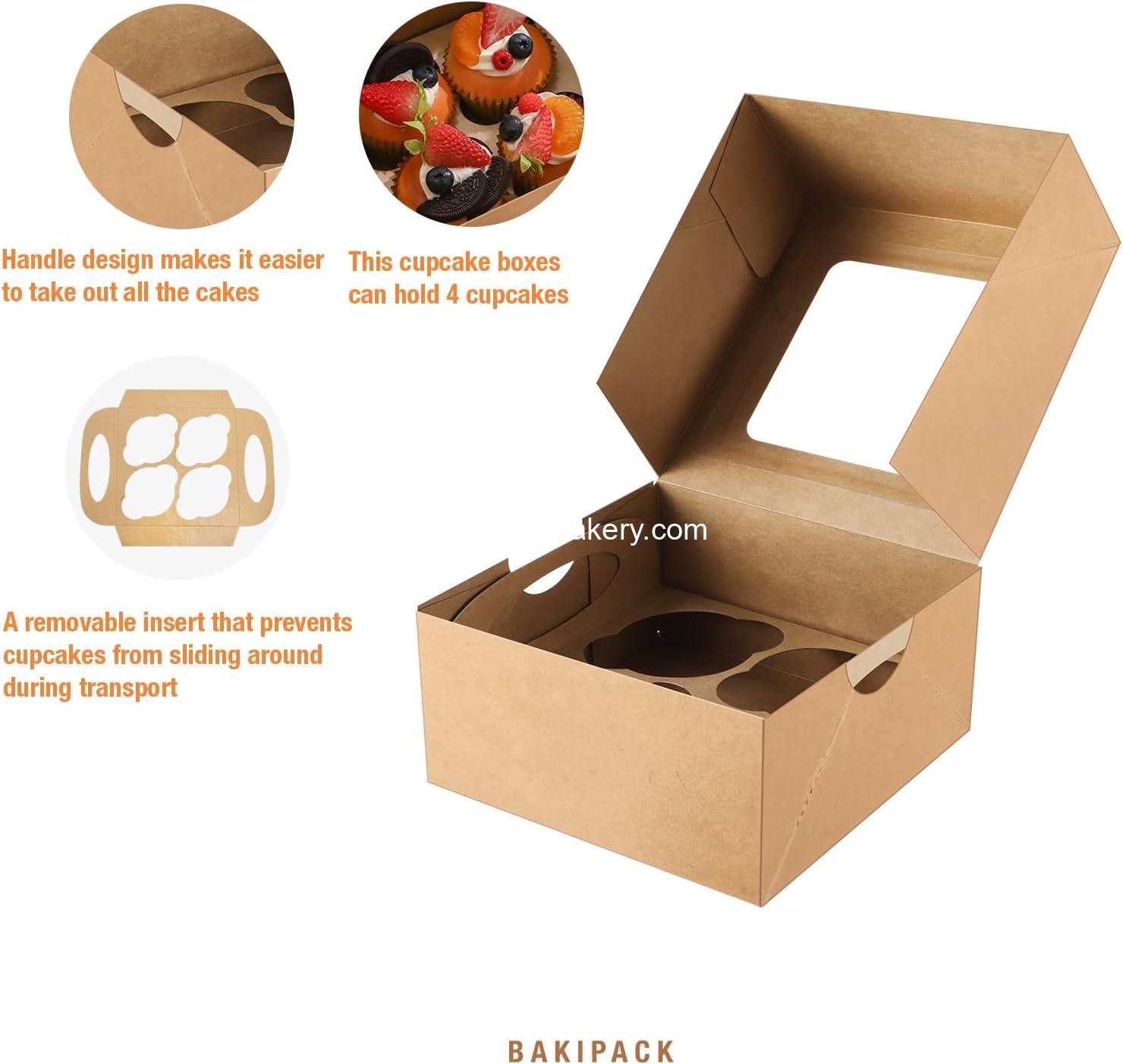 Wholesale 25 Kraft Cupcake Boxes, 4 Count Cupcake Containers with Window and Inserts, 6.3×6.3×3 Inches for Cupcakes, Muffins, Cookies, Desserts, Pastries - Factory