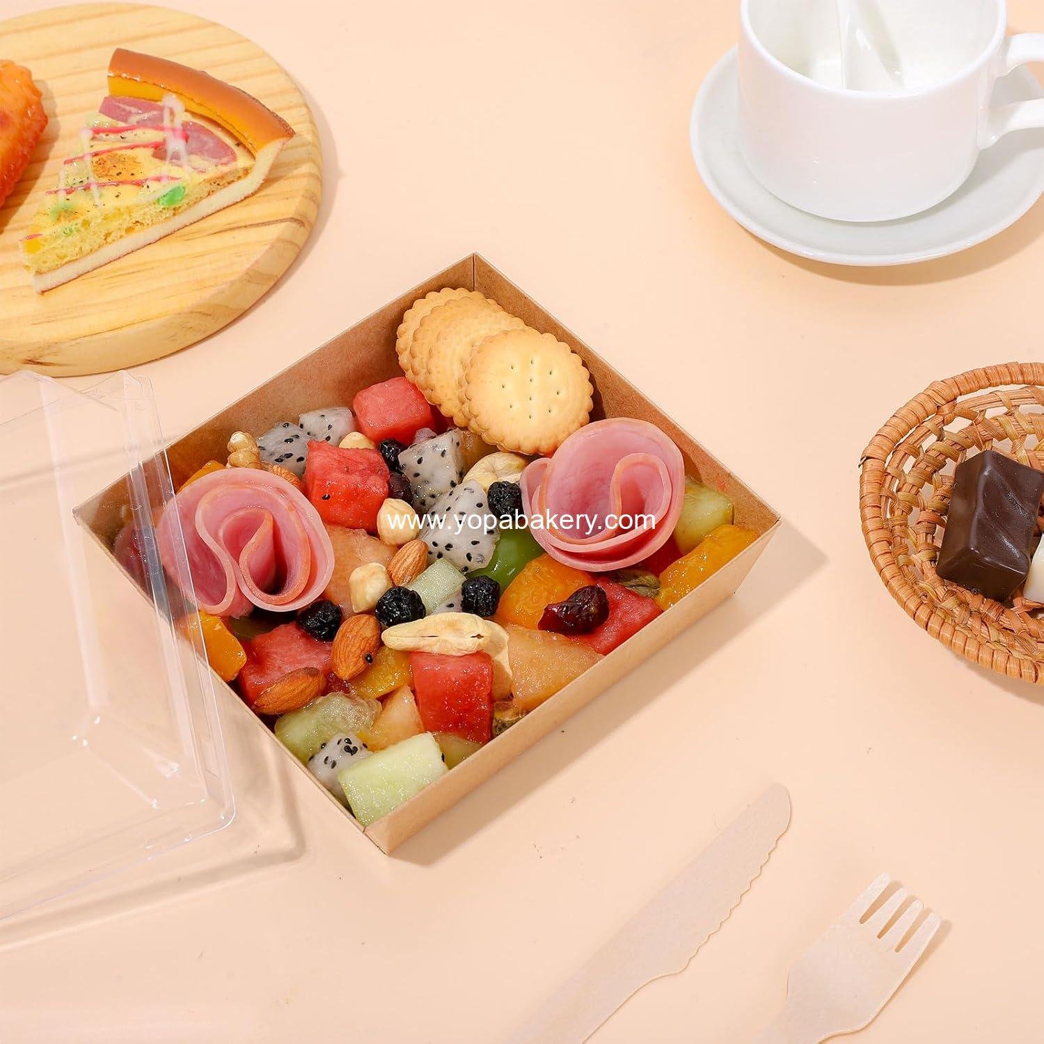 Wholesale 50Pcs Small Charcuterie Boxes with Clear Lids - Kraft Mini Dessert Boxes with Forks and Knives, 5 Inch Square Disposable Food Containers for Sandwiches, Cookies, Sushi, Cake Slices, Strawberries Factory