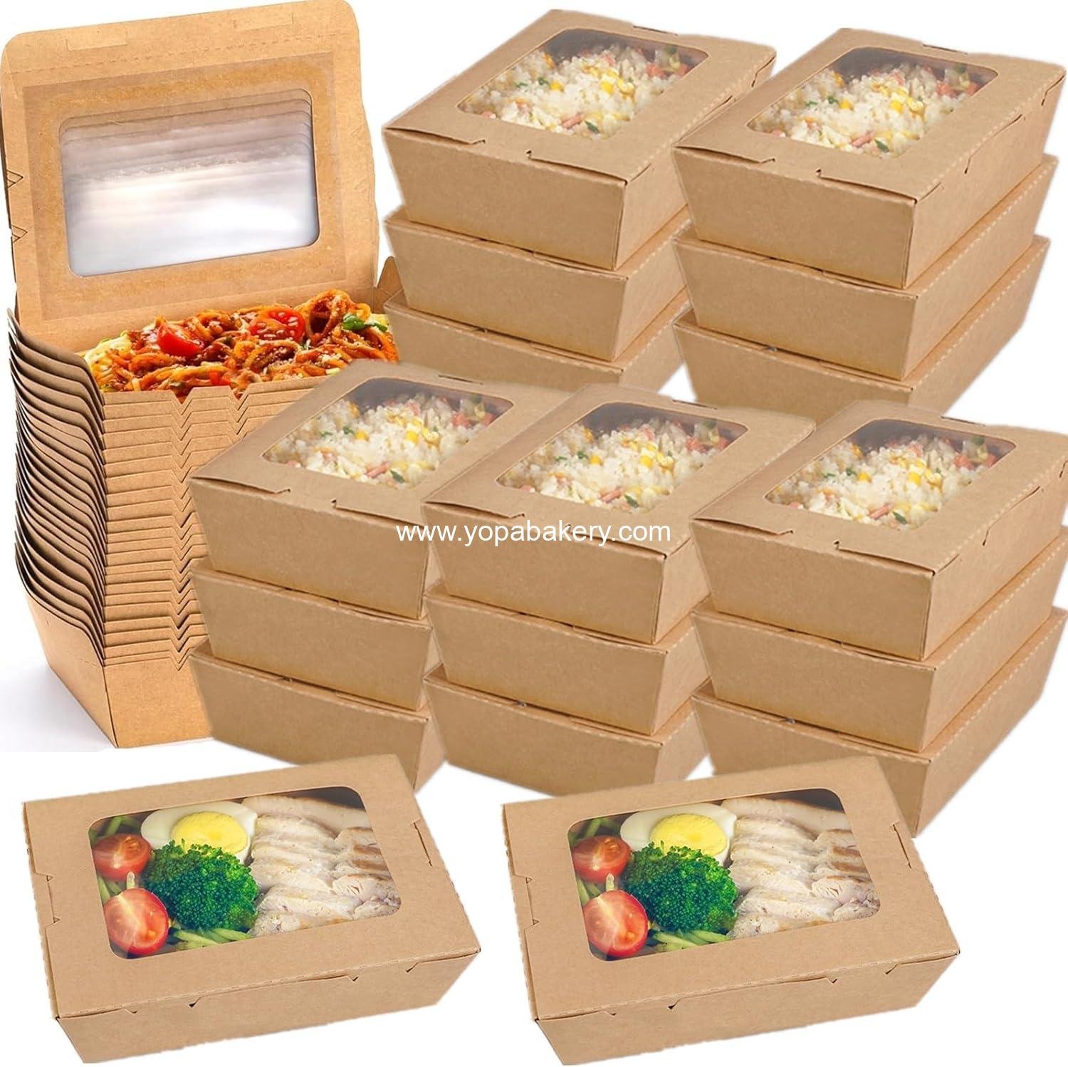 50 Pack Take Out Food Containers with Window, 40 oz Microwaveable Kraft Paper To-Go Boxes, Foldable Pastry Containers for Catering, Restaurants, Parties, Meal Prep