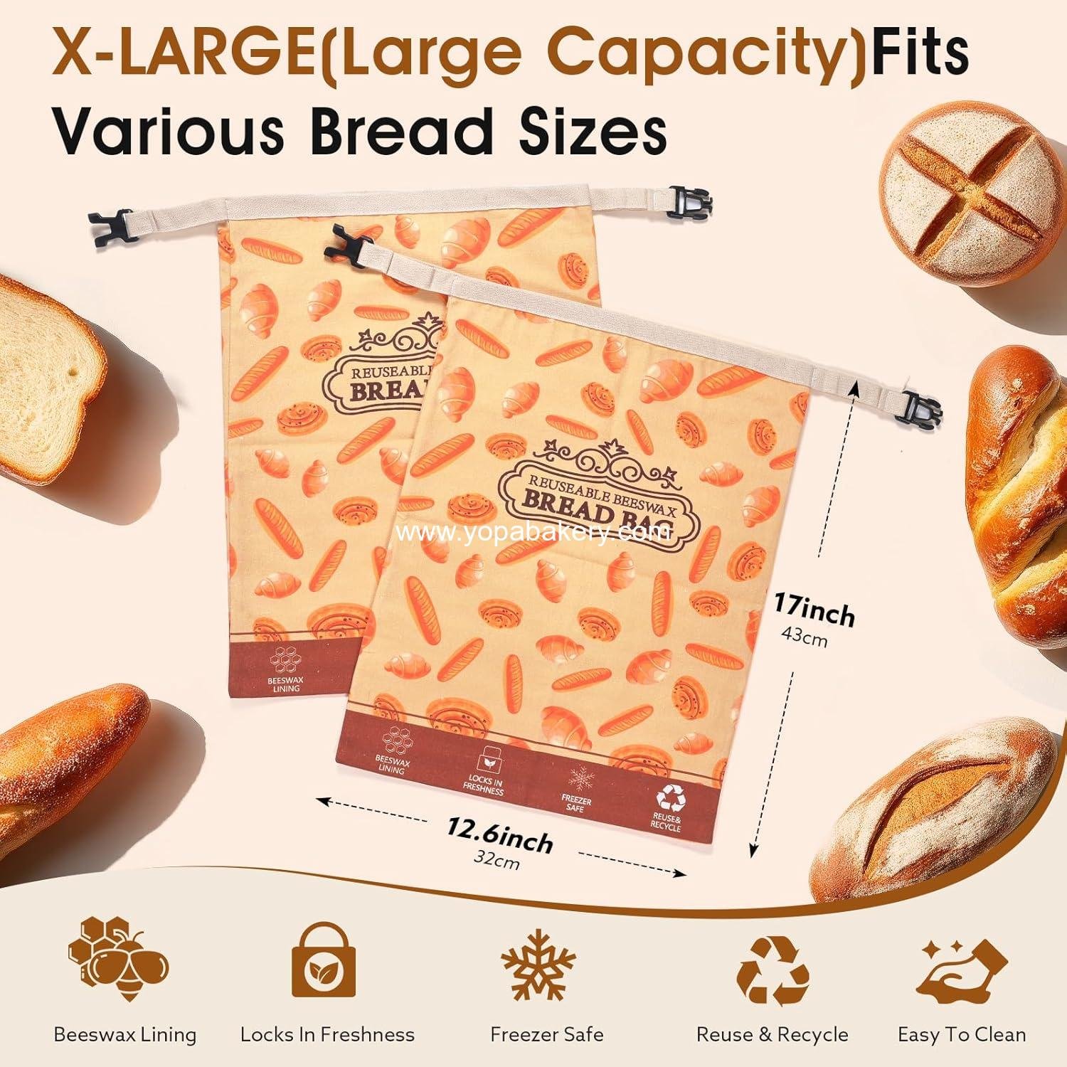 Wholesale XL Beeswax Bread Bags - 2 Pack Natural Cotton Sourdough Reusable Storage Bags, Keep Bread Fresh and Portable, Factory