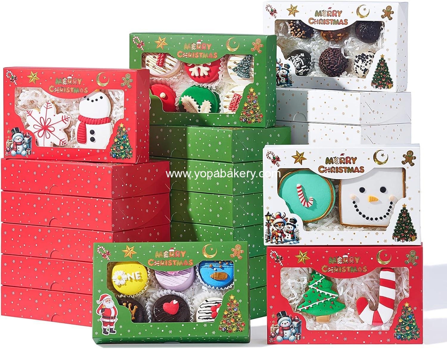 12 Pack 7x4.3x1.5Inch Christmas Bakery Boxes with 3 Styles Clear Window Perfect for Packaging Macaron, Ores, Chocolate Truffle, Strawberry, Cookie, Donut, Pie Boxes for Treats & Holiday Party Favors