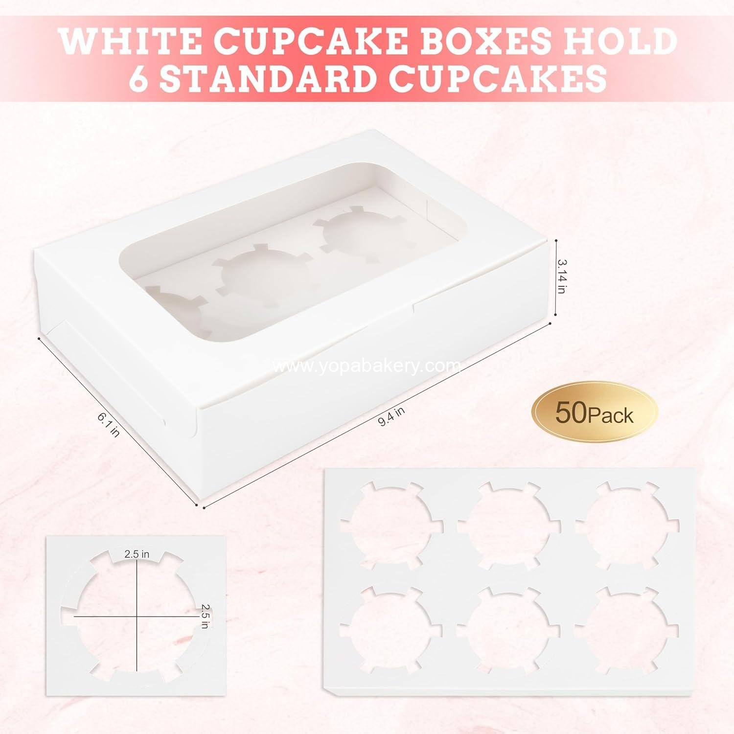 Wholesale White Cupcake Boxes for 6 Standard Cupcakes, 50 Packs, 9.4x6.1x3.14 Inches with Window and Six Treat Holder for Parties and Bakery - Factory