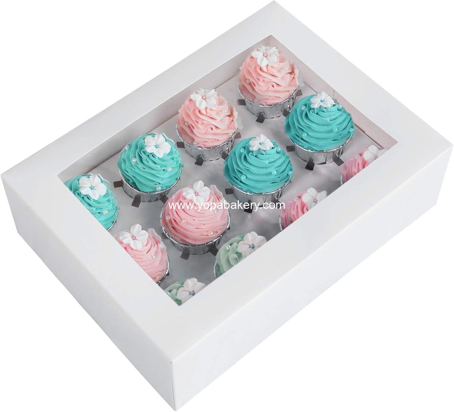 Wholesale White Cupcake Boxes 12 Holders, Cake Carrier Food Grade Pop-up Bakery Boxes 13.8 x 9.5 x 4 inches with Inserts and PVC Windows for 12 Cavity Cupcakes or Muffins, Pack of 20 Factory