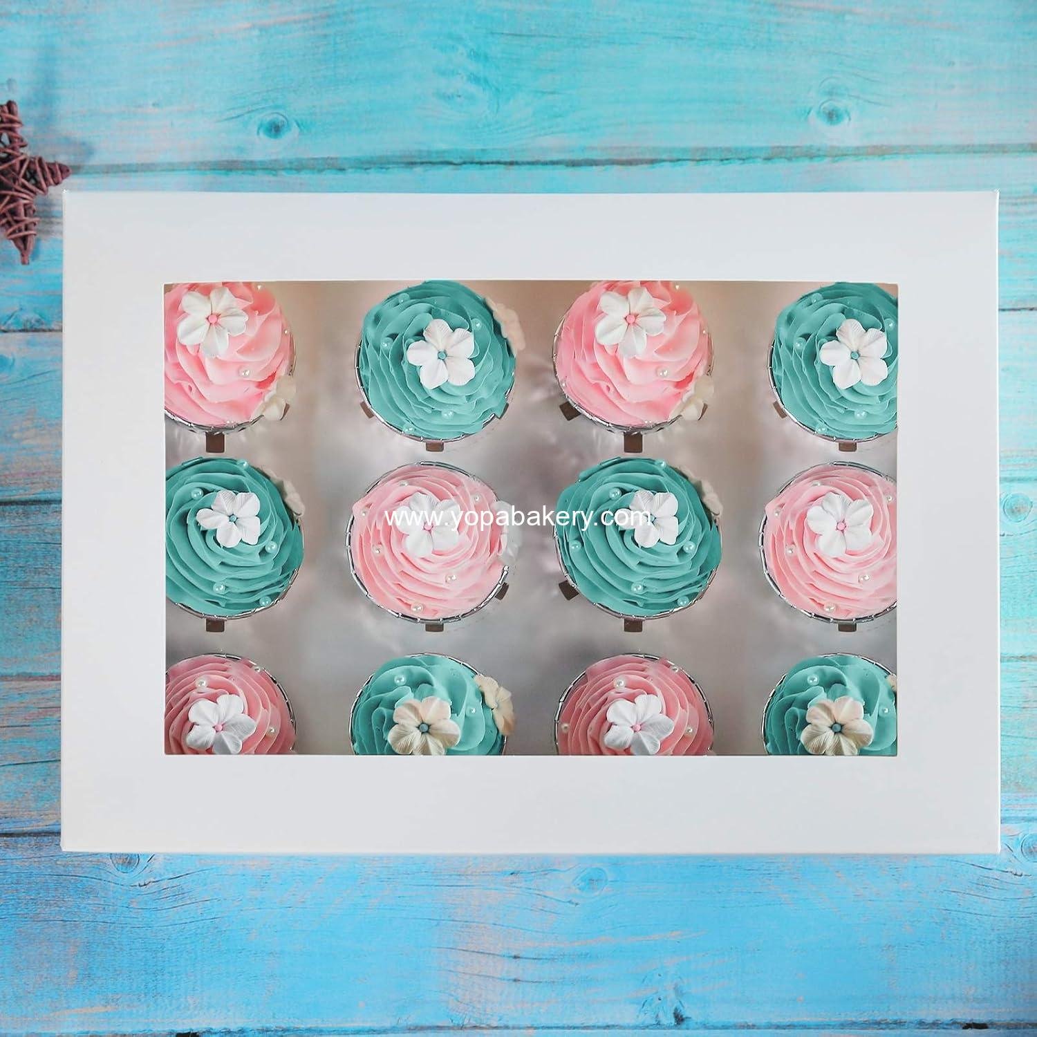 Wholesale White Cupcake Boxes 12 Holders, Cake Carrier Food Grade Pop-up Bakery Boxes 13.8 x 9.5 x 4 inches with Inserts and PVC Windows for 12 Cavity Cupcakes or Muffins, Pack of 20 Factory