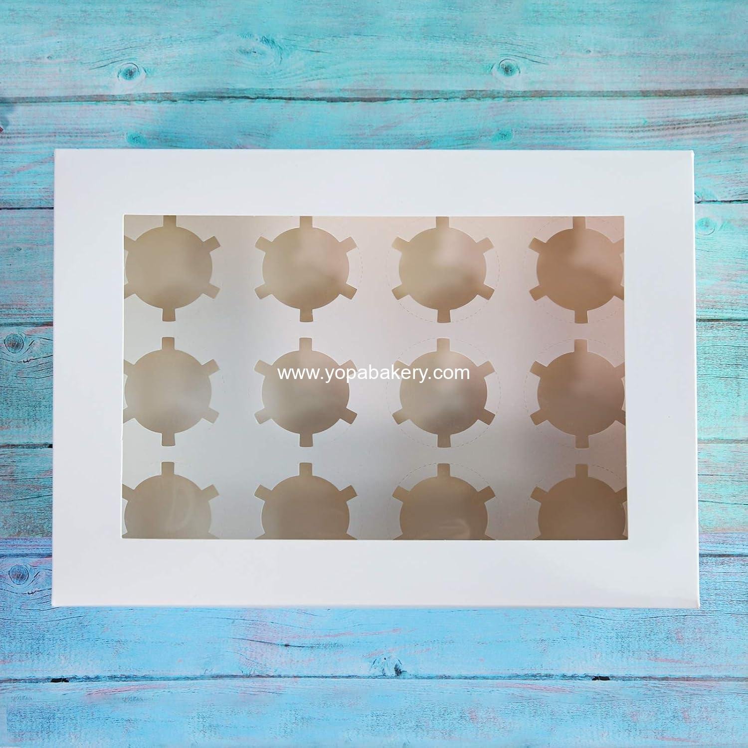 Wholesale White Cupcake Boxes 12 Holders, Cake Carrier Food Grade Pop-up Bakery Boxes 13.8 x 9.5 x 4 inches with Inserts and PVC Windows for 12 Cavity Cupcakes or Muffins, Pack of 20 Factory