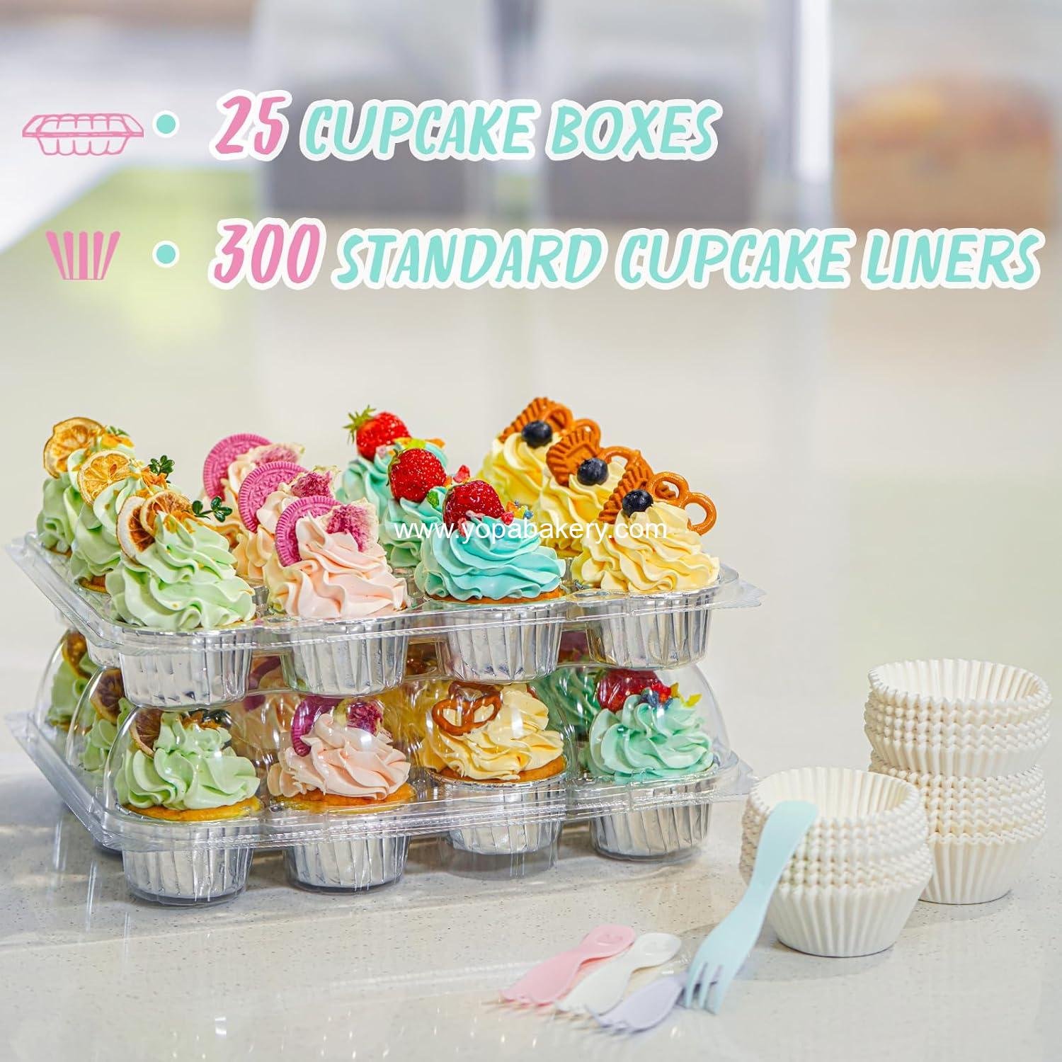 Wholesale Stackable Cupcake Carrier (12 Pack x 25 Sets) with 300 Cupcake Liners - Clear Disposable Boxes for 12 Cupcakes, Plastic Holders, Cupcake Trays, Factory