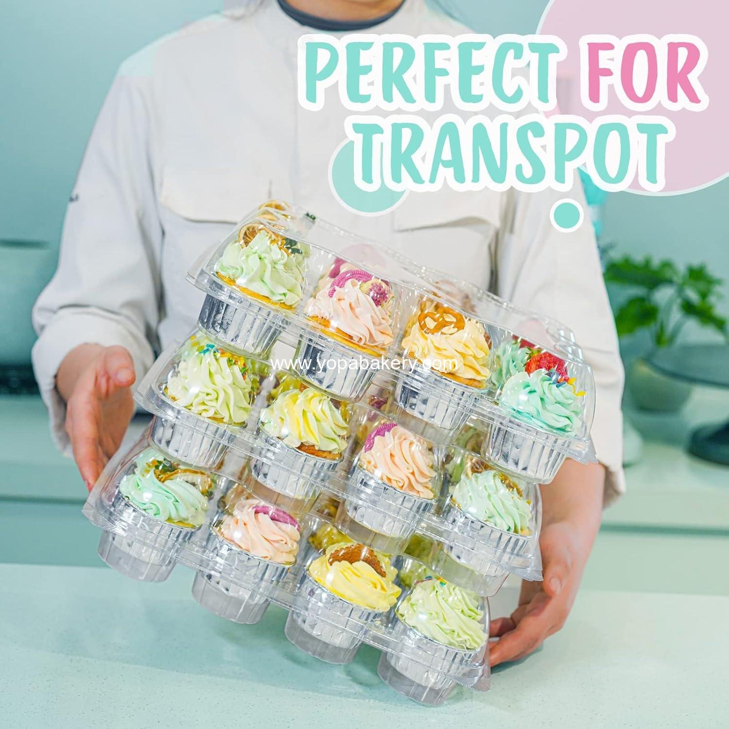 Wholesale Stackable Cupcake Carrier (12 Pack x 25 Sets) with 300 Cupcake Liners - Clear Disposable Boxes for 12 Cupcakes, Plastic Holders, Cupcake Trays, Factory