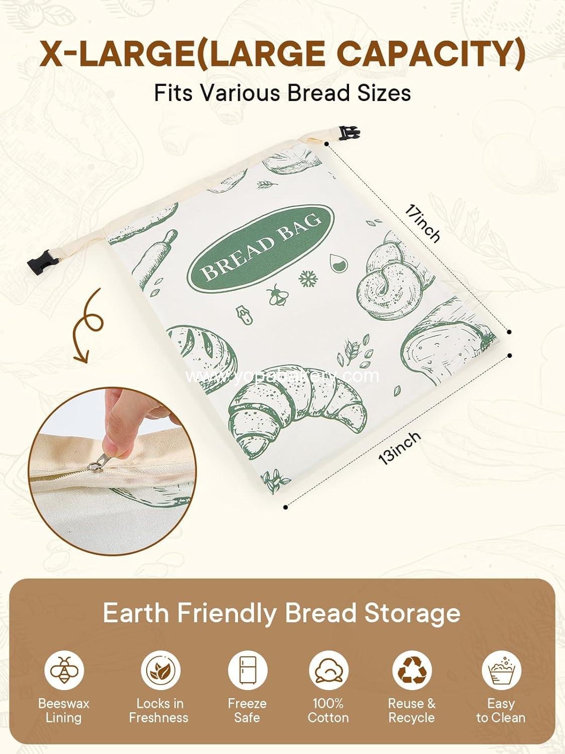 OEM 2 Pack Beeswax Bread Bags with Zipper, Reusable Storage Bags for Homemade Bread, Sourdough, Large Cotton Baguette Bags, Liner Freezer Bags to Keep Fresh, Kitchen Baking Supplies Factory