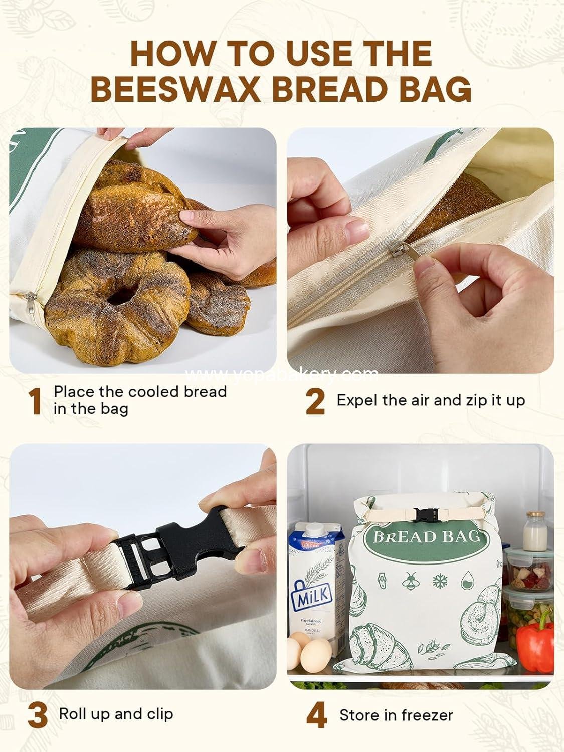 OEM 2 Pack Beeswax Bread Bags with Zipper, Reusable Storage Bags for Homemade Bread, Sourdough, Large Cotton Baguette Bags, Liner Freezer Bags to Keep Fresh, Kitchen Baking Supplies Factory